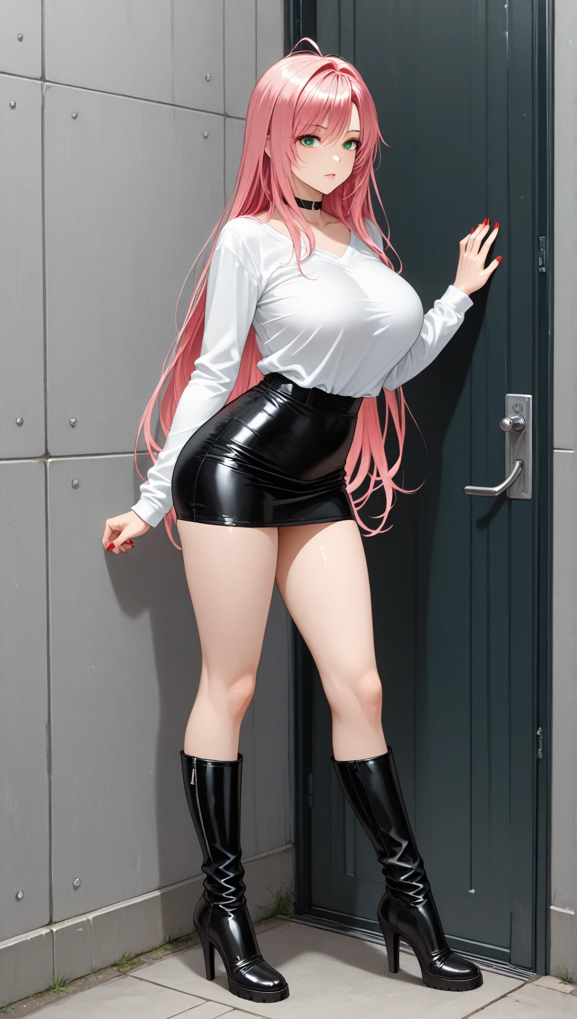 (8k, RAW photo, best quality, masterpiece:1.2), (realistic:1.3), (photorealistic:1.3), ultra-detailed, (high detailed skin:1.2), 8k uhd, dslr, soft lighting, high quality, film grain, Fujifilm XT3, best quality, beautiful lighting, beautiful business woman, pink long hair, walking and looking to the distant, looking away from viewer, tight mini skirt, black leather skirt, high heels, tie, thick thighs, open shirt, open white shirt, white shirt, show cleavage, sexy legs, beautiful legs, shinny legs, elegant legs, elegant woman, beautiful eyes, pink contacts, sexy cleavage,