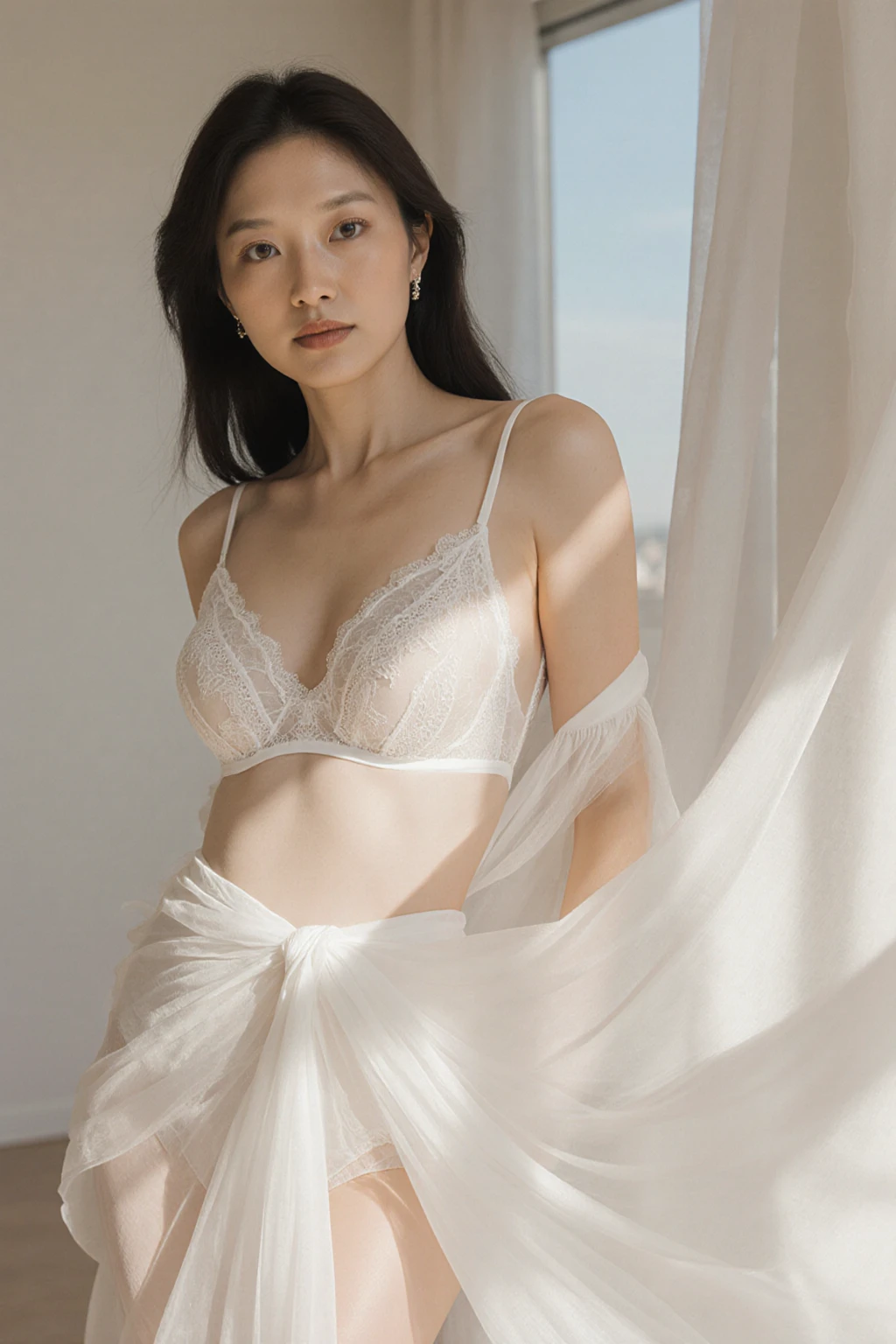 one-girl，a fashion model，18yr old，[[[[Close-up cleavage]]]], [[[[climaxing]]]], [[[[Cole]]]], [[[[bshoulder]]]], perfect  eyes, Perfect iris，perfect lips，perfect teeth，Perfect Skin，with fair skin，HighDynamicRange，Movie Girl，(delicated face)，(Highly defined faces)，(((White openwork erotic underwear))，(Raised sexy)，(Long hair with a shawl)，Bedrooms，（kneeling on a bed），（Beautiful curves,Slim,Attractions），green trees outside the window，fresh flowers，4K Ultra HD, 超高分辨率, (realistically: 1.4), Best quality，tmasterpiece，（pastel colour：1.2）