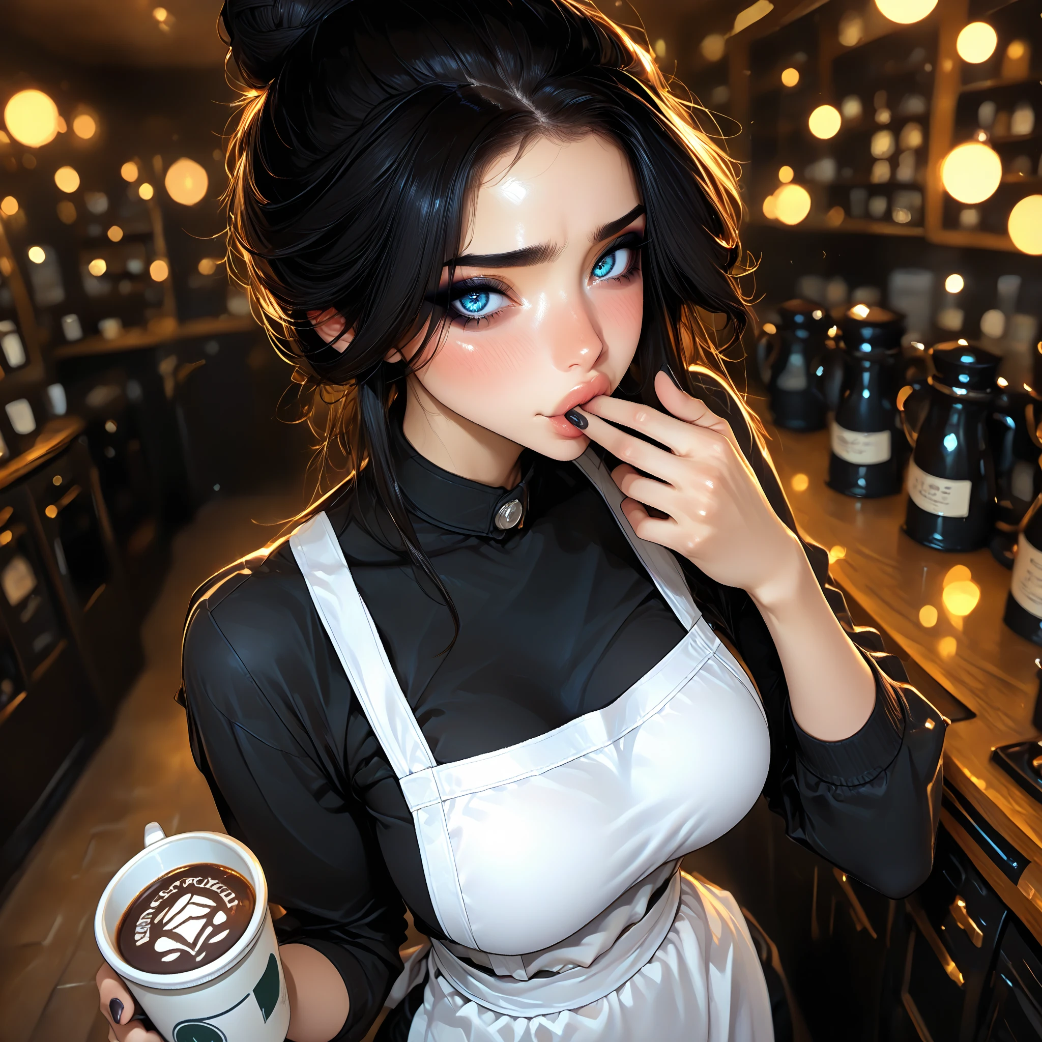 atlajune, brown eyes,long black hair, hair over eye, hairbun, top knot,black chinese dress,shoulder tattoo, elbow gloves, looking at viewer, serious, smirk, upper body shot, sitting, behind a table, inside a cozy cafe, holding cappuccino, soft lighting, high quality, masterpiece, <lora:ATLAJune:.7>