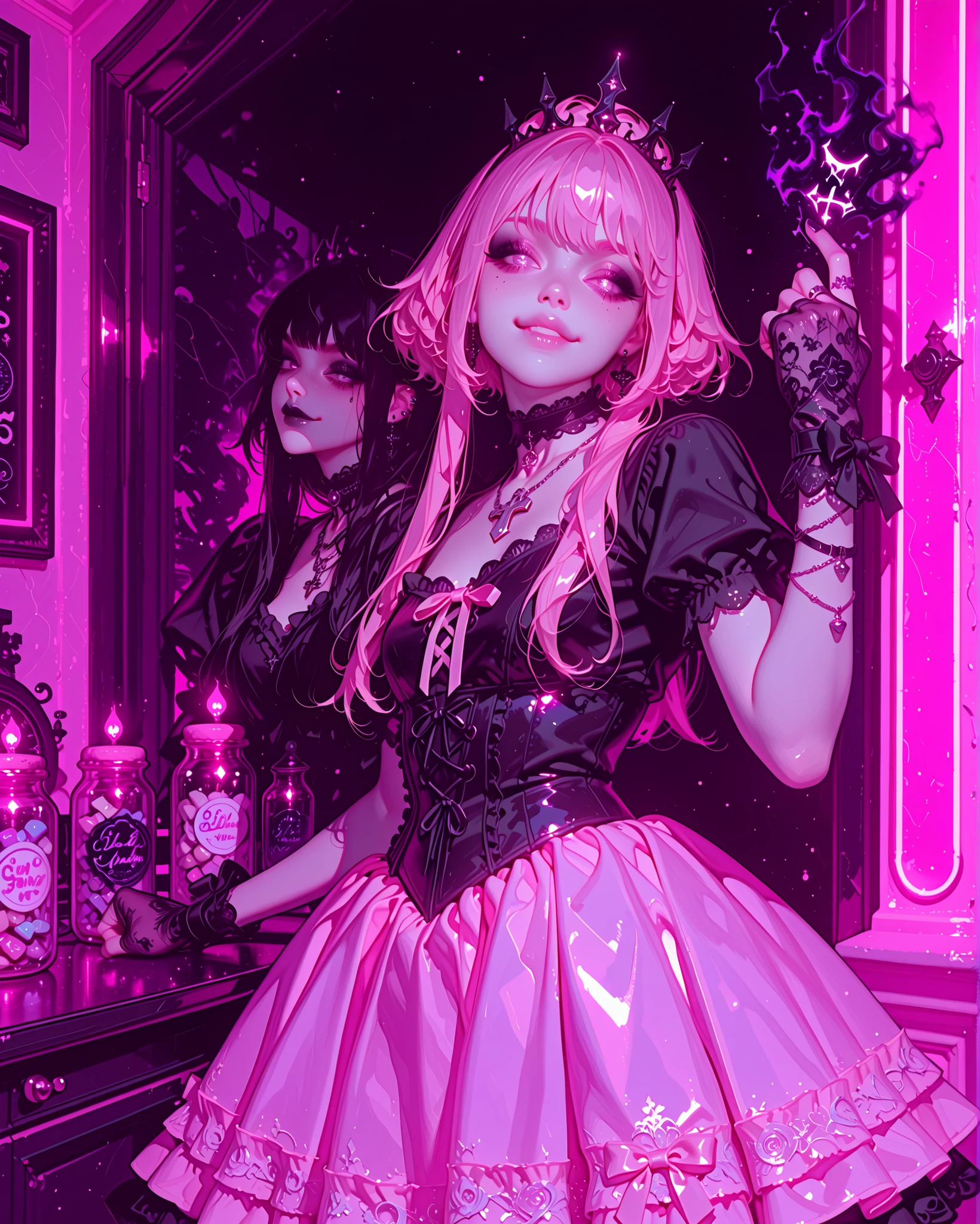 Elegant gothic coquette girl, pale skin, slim and tall body. She wears a pink coquette-style outfit (short frilly dress with lace, satin ribbons, pastel pink fabric), mixed with gothic elegance: black lace gloves, black choker with silver pendant, multiple dark necklaces, and heavy black rings.
The girl is standing with her back toward the viewer, but twisting her torso and head to look over her shoulder directly at the spectator, expression sharp, menacing yet elegant, a subtle smirk on her lips. Her eyes are piercing, with dramatic eyeliner and dark lipstick.
Her arm is stretched slightly backward, fist clenched, showing her knuckles with gothic black rings, creating a rude and powerful gesture toward the viewer.
Background: a kawaii candy shop, full of pastel sweets, neon pink and purple glow lights, jars of candy and lollipops, but with subtle gothic shadows and dark undertones. The mix creates a contrast of innocence and menace.
Atmosphere: Elegant but aggressive, intimidating yet stylish, gothic queen energy.