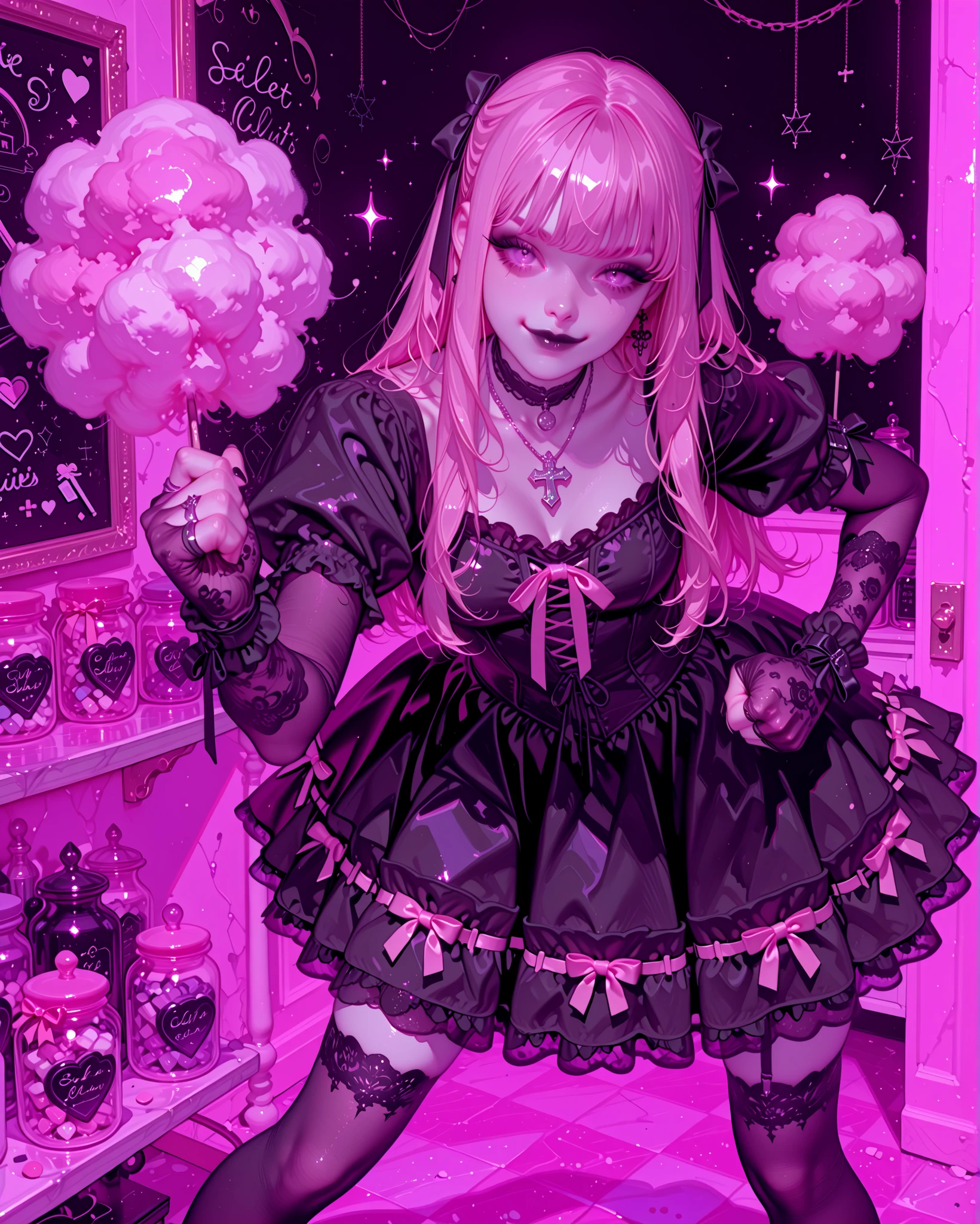 Elegant gothic coquette girl, pale skin, slim and tall body. She wears a pink coquette-style outfit (short frilly dress with lace, satin ribbons, pastel pink fabric), combined with gothic elegance: black lace gloves, black choker with silver pendant, multiple dark necklaces, and heavy black rings. Her hair is sleek, black with pink streaks, styled with ribbons but slightly wild.
She stands in a dynamic and imposing pose, legs apart, with her fist stretched forward toward the viewer, showing her knuckles and gothic rings with power. Her expression is aggressive yet elegant: sharp eyes, dark eyeliner, bold black lipstick, slight menacing smirk.
Background: an aesthetic kawaii candy shop, pastel colors everywhere (lollipops, candy jars, cotton candy), but with a dark twist: soft neon pink and purple lights cast dramatic shadows. The mix of sweetness and menace highlights her gothic dominance in a cute world.
Atmosphere: Elegant but aggressive, confident and intimidating presence.