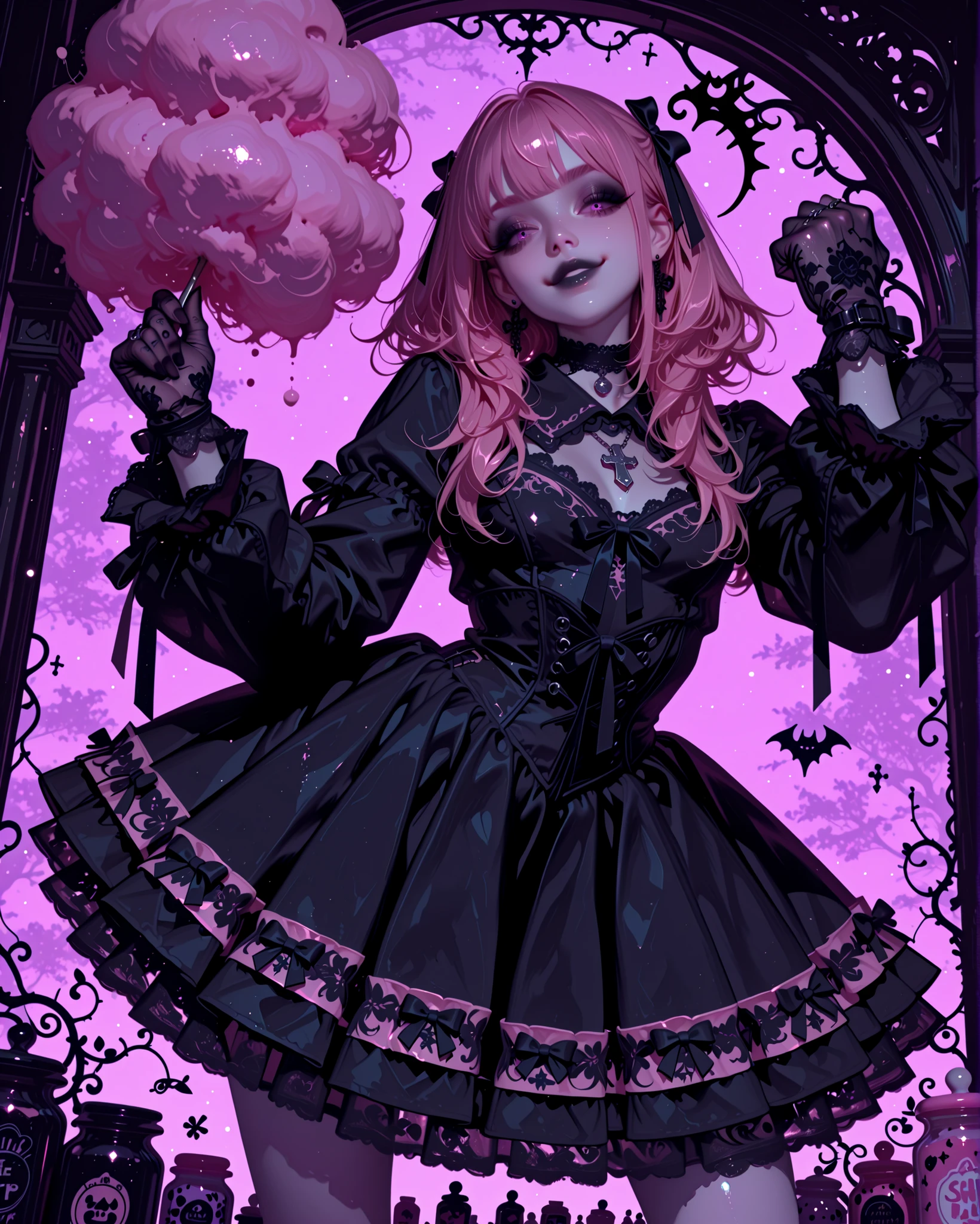 (( low angle)) Elegant gothic coquette girl, pale skin, slim and tall body. She wears a pink coquette-style outfit (short frilly dress with lace, satin ribbons, pastel pink fabric), combined with gothic elegance: black lace gloves, black choker with silver pendant, multiple dark necklaces, and heavy black rings. Her hair is sleek, black with pink streaks, styled with ribbons but slightly wild.
She stands in a dynamic and imposing pose, legs apart, with her fist stretched forward toward the viewer, showing her knuckles and gothic rings with power. Her expression is aggressive yet elegant: sharp eyes, dark eyeliner, bold black lipstick, slight menacing smirk.
Background: an aesthetic kawaii candy shop, pastel colors everywhere (lollipops, candy jars, cotton candy), but with a dark twist: soft neon pink and purple lights cast dramatic shadows. The mix of sweetness and menace highlights her gothic dominance in a cute world.
Atmosphere: Elegant but aggressive, confident and intimidating presence.