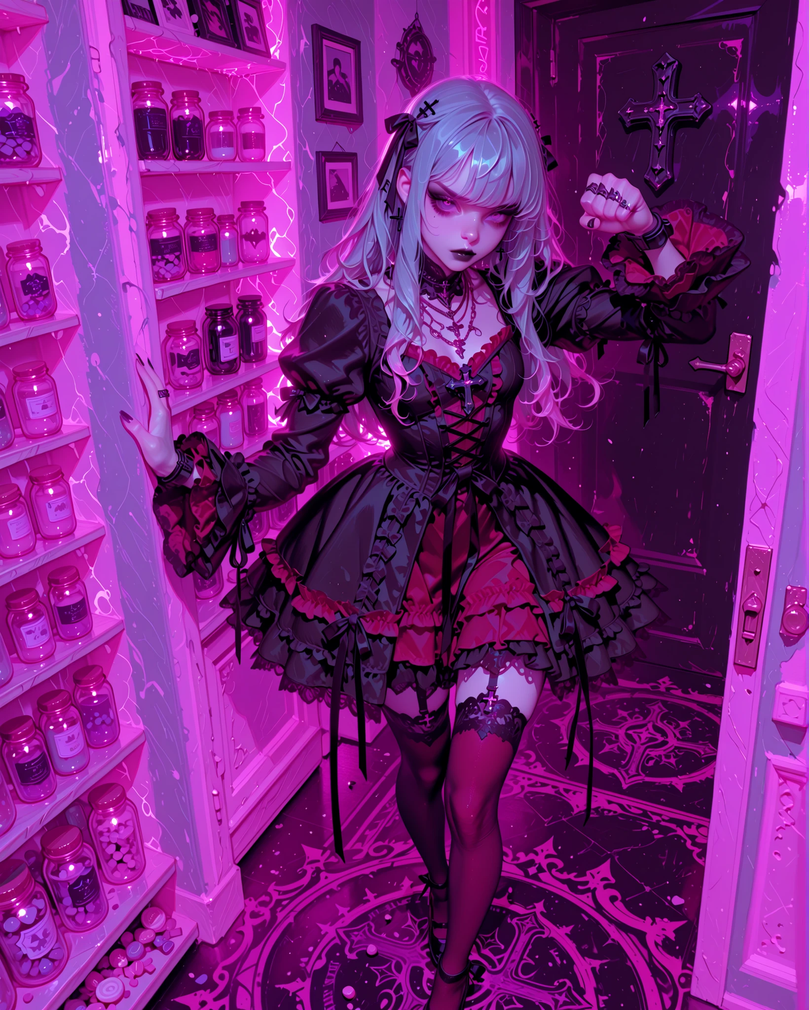 Gothic coquette girl, pale skin, slim and elegant but strong body. She wears a red coquette-style outfit (short frilly dress with lace, ribbons, stockings, delicate fabric) with a gothic twist: black lace details, gothic chokers, layered necklaces with crosses, and heavy black rings on her fingers.
She has pastel sky-blue hair (celeste), soft curls, styled with black and red ribbons. Makeup is dark and gothic: smoky eyes, sharp eyeliner, and black lipstick, contrasting with her delicate outfit.
Pose: dynamic full body, standing in aggressive boxer stance. She thrusts one fist forward in perspective toward the viewer, showing her knuckles and gothic rings close to the camera, while the other fist stays slightly back near her face in guard position. Her posture is powerful and intimidating, as if about to strike.
Expression: fierce, defiant, intimidating yet seductive, eyes sharp and challenging.
Background: a kawaii candy shop in pastel sky-blue tones, shelves filled with sweets, lollipops, jars of candy, glowing neon blue and purple lights. The scene mixes cute pastel aesthetics with a dark gothic aura, making her presence stand out as threatening and rebellious in a sugary world.
Atmosphere: rude, powerful, gothic coquette, intimidating, “sweet but deadly.”