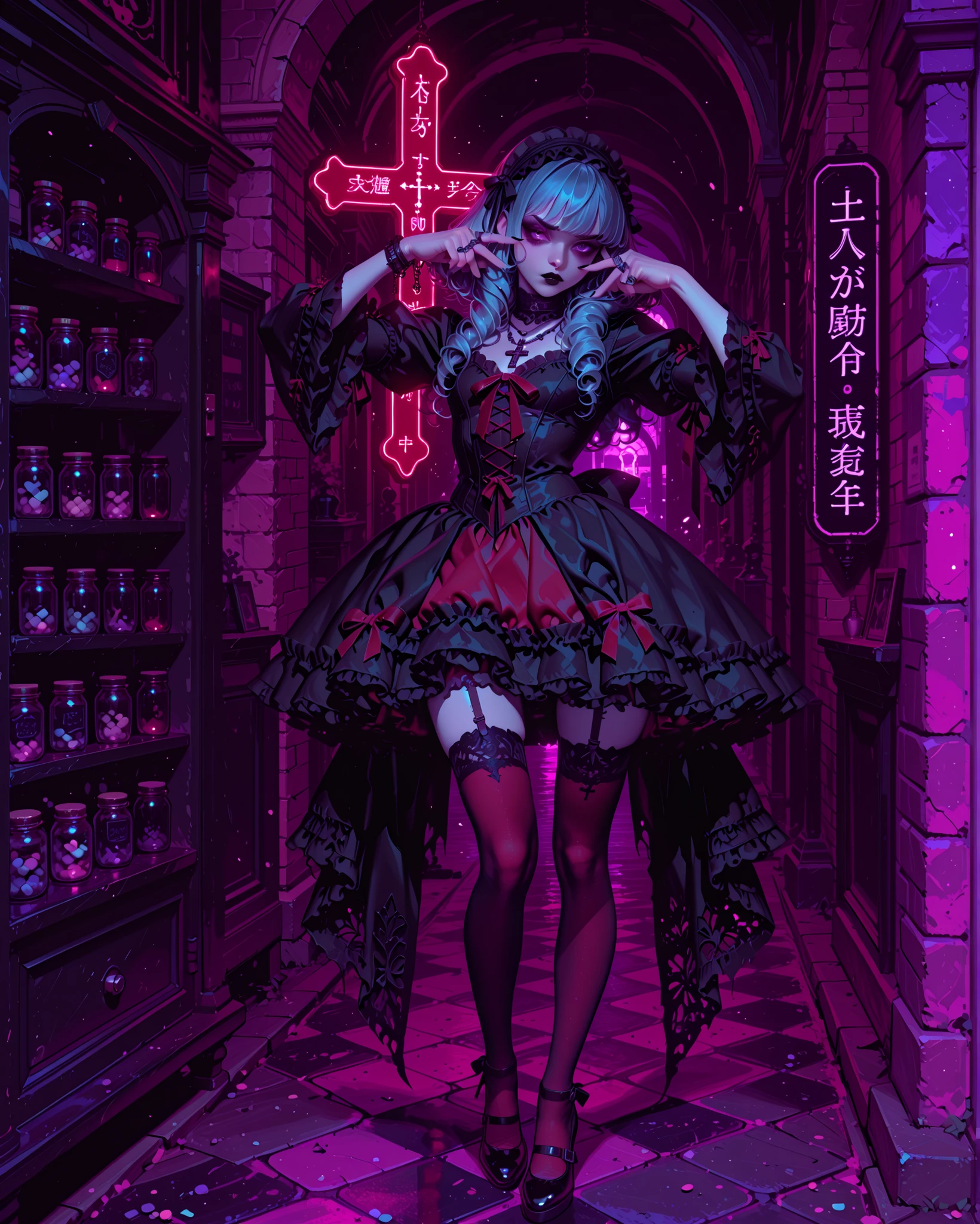 gothic coquette girl, pale skin, slim and elegant yet strong body. She wears a red coquette-style outfit (short frilly dress with lace, ribbons, stockings, and delicate fabric) but with a gothic twist: black lace accents, gothic chokers, layered necklaces with crosses, and heavy black rings on her fingers.
She has pastel sky-blue hair (celeste), styled in soft curls with black and red ribbons, contrasting with her dark gothic makeup: smoky eyes, sharp eyeliner, and black lipstick.
Pose: standing full body in a dynamic, aggressive stance, fists clenched like a boxer, both hands raised in front of her face as if she is ready to throw a punch. Her posture is rude and intimidating, showing her rings and knuckles with menace. Expression is fierce, defiant, and intimidating, yet still seductive with a gothic aura.
Background: kawaii candy shop in pastel sky-blue tones, with shelves full of colorful sweets, lollipops, jars of candy, and soft glowing neon lights in blue and purple. The environment is cute but eerie, with a surreal gothic aura. She stands out as a threatening and rebellious figure in a sugary pastel world.
Atmosphere: Rude, gothic coquette, elegant but aggressive, strong intimidating presence.