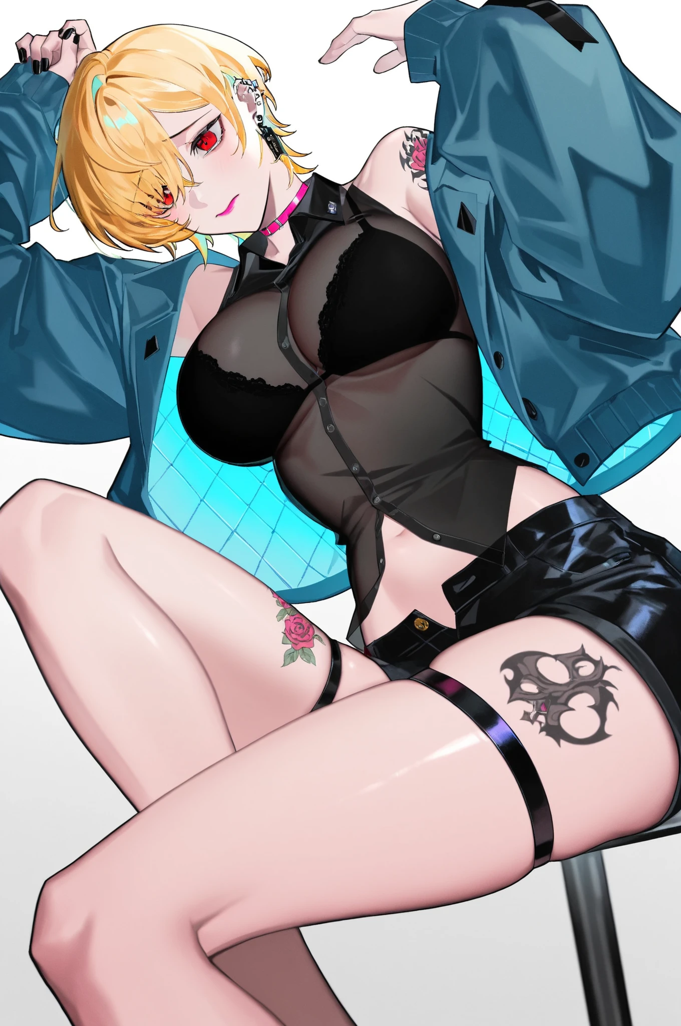 masterpiece, best quality, mature woman, blonde hair, sharp eyes, curvy body, dirty alley, sitting on the floor, bra, thong, besides dumpster, above view, front view, tongue out, hand on thighs, hopeless eyes, despair eyes, slave tattoo, syringe, junkie, tattoos, eye bags, tired, eye shadow