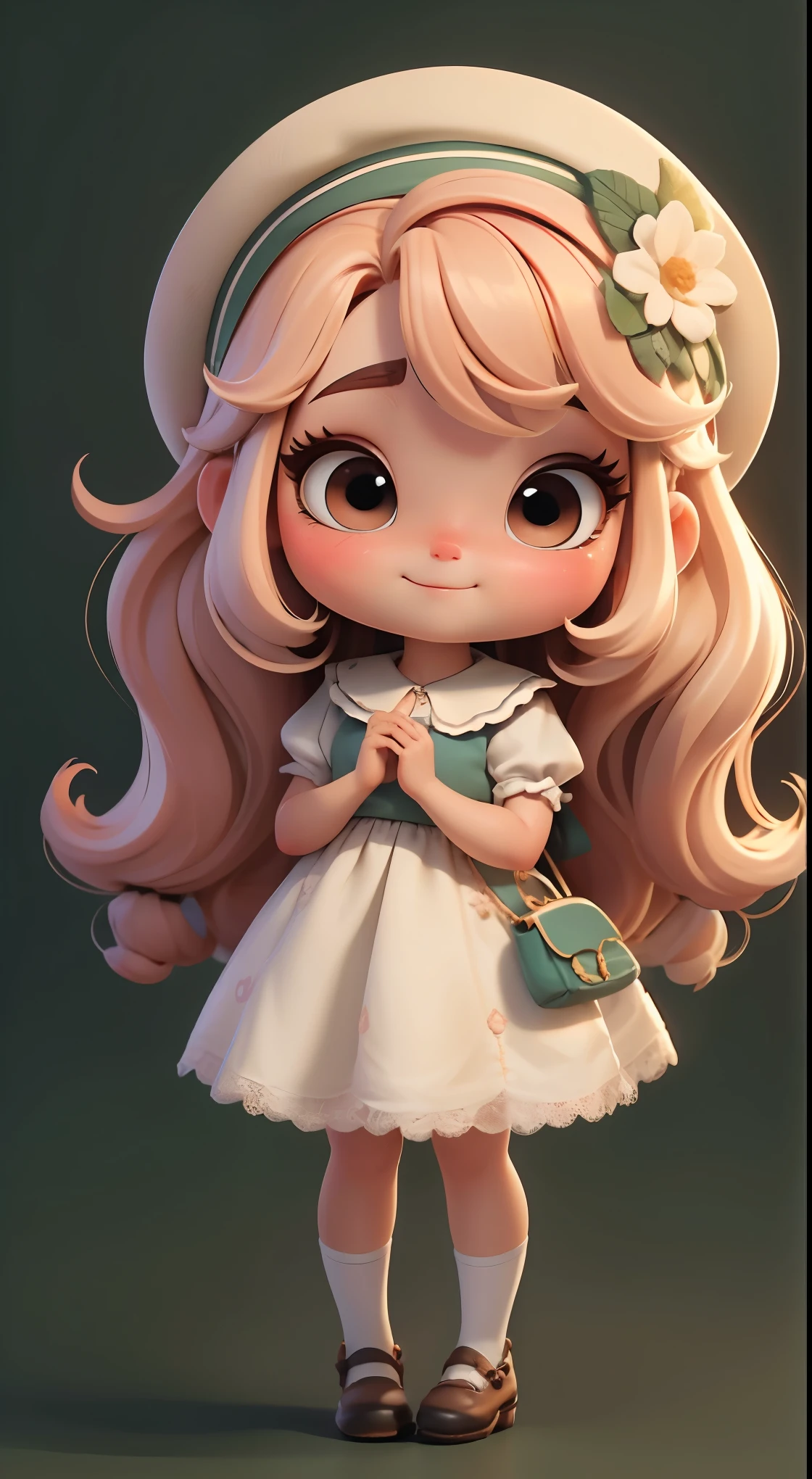 Create a 3D illustration of a light-skinned standing  character. The character must wear a dress, brown colored eyes, cute expression smiling, long straight blonde hair