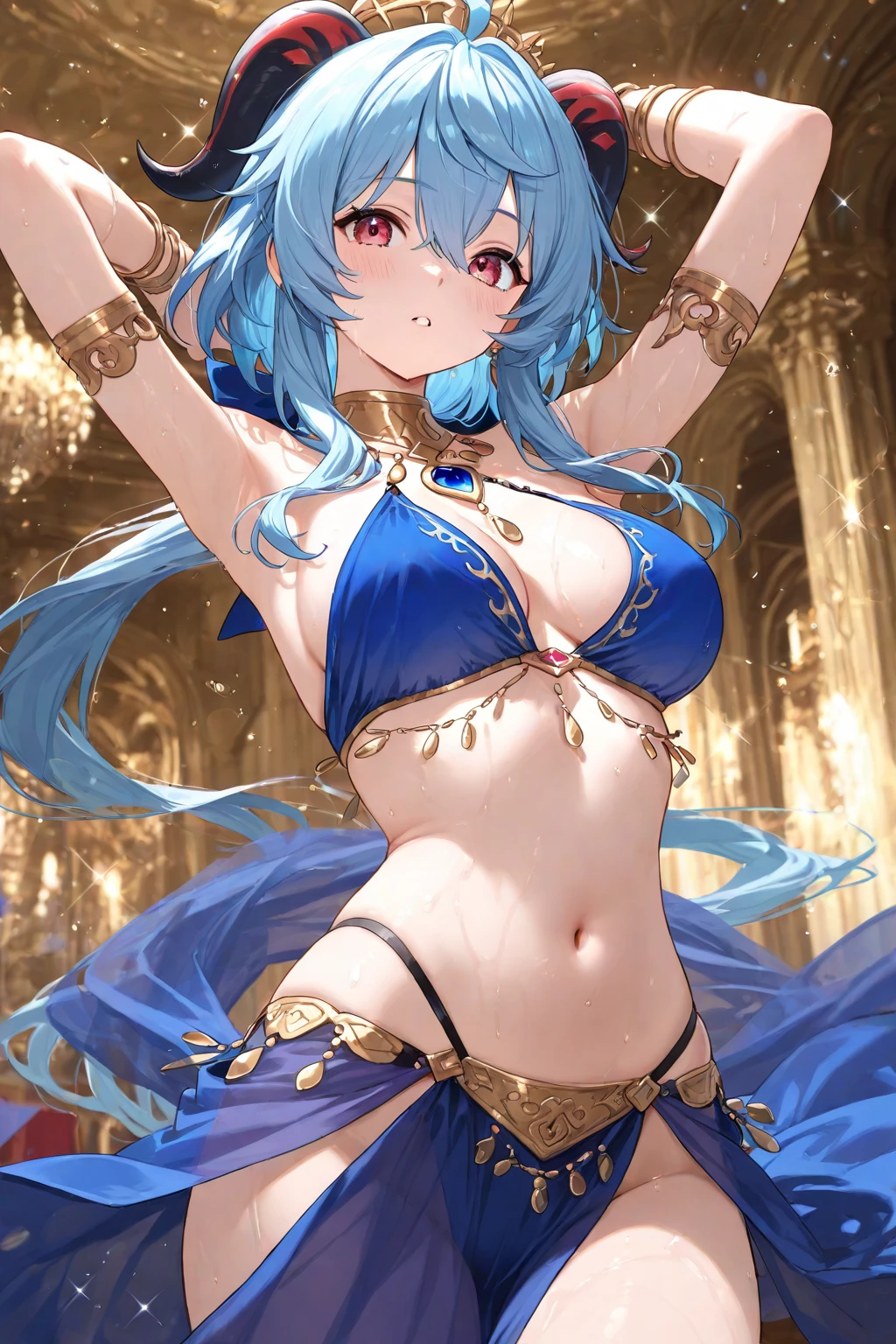 high quality, super detailed, 最high quality, Extremely detailed, beautiful, masterpiece, 1 girl, plaza, medieval europe, cowboy shot, red eyes, long hair, light purple hair, (belly dancer, harem costume, pelvic curtain:1.2), purple costume, barefoot, circlet, earrings, bangle, bracelet, shy smile, dancing, big breasts, cleavage, soft belly