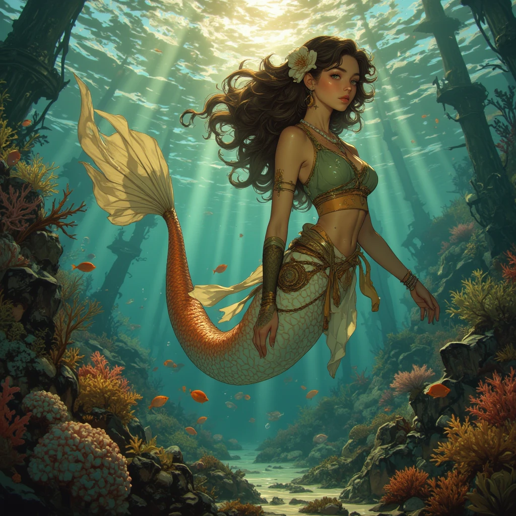Create a anime style landscape image. Fantasy-style digital artwork depicting a mermaid underwater. The layout is vertical, with the mermaid positioned centrally, swimming upwards towards the light. She has long, flowing black hair and a fair complexion. Her attire is intricate, featuring a shimmering, gold and white top with delicate, shell-like details and a matching tail that glows with golden light. Surrounding her are small, orange fish and bubbles, adding to the underwater ambiance. The background is a deep green, suggesting the depths of the ocean, with hints of coral and aquatic plants.