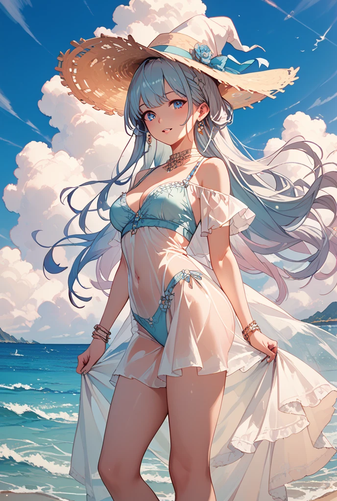 high-level image quality、8K、Beautiful girl with black hair in a remote place、Into the cloud、White dress、a straw fedora hat、Girl staring into the distance、Summer in Japan、Mare、swim wears、scenic、sand beach、