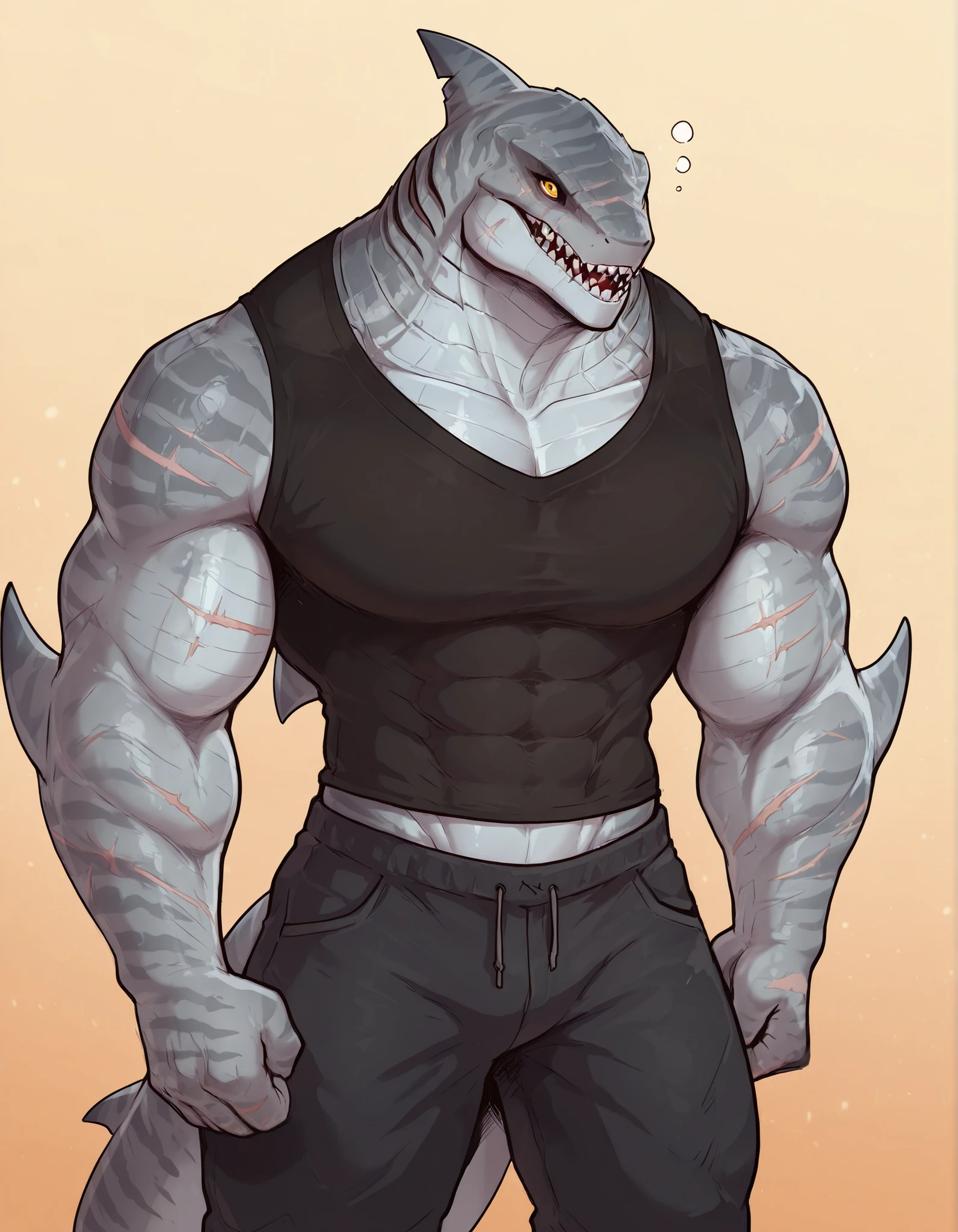 masterpiece, best quality, amazing quality, very aesthetic, absurdres, newest, scenery, extreme detail, 8k, dnd, anthro shark, detailed eyes, yellow eyes, by Riolutiny, anthro, shark, male, scalie, anthro shark, anthro megalodon, buffed body, bulky, gray body, strong hands with fins, black back, solo, bara, detailed skin, scars, lizard shark hybrid, thick tail, hunter, strong, scalie torso, detailed muscles, detailed muscular arms, wearing armless black shirt, digitigrade legs, thick legs, dorsal fin, proporcional body, wide , buffed muscular torso, abs under shirt, trapezoid body type, marked jaws, thick shark tail, masculine, thick scales on arms and legs, muscular legs, proporcional body, wide , trapezoid body type, wearing pants, marked jaw, scars, dominating, pensive, tired, upper body focus, simple gradient background