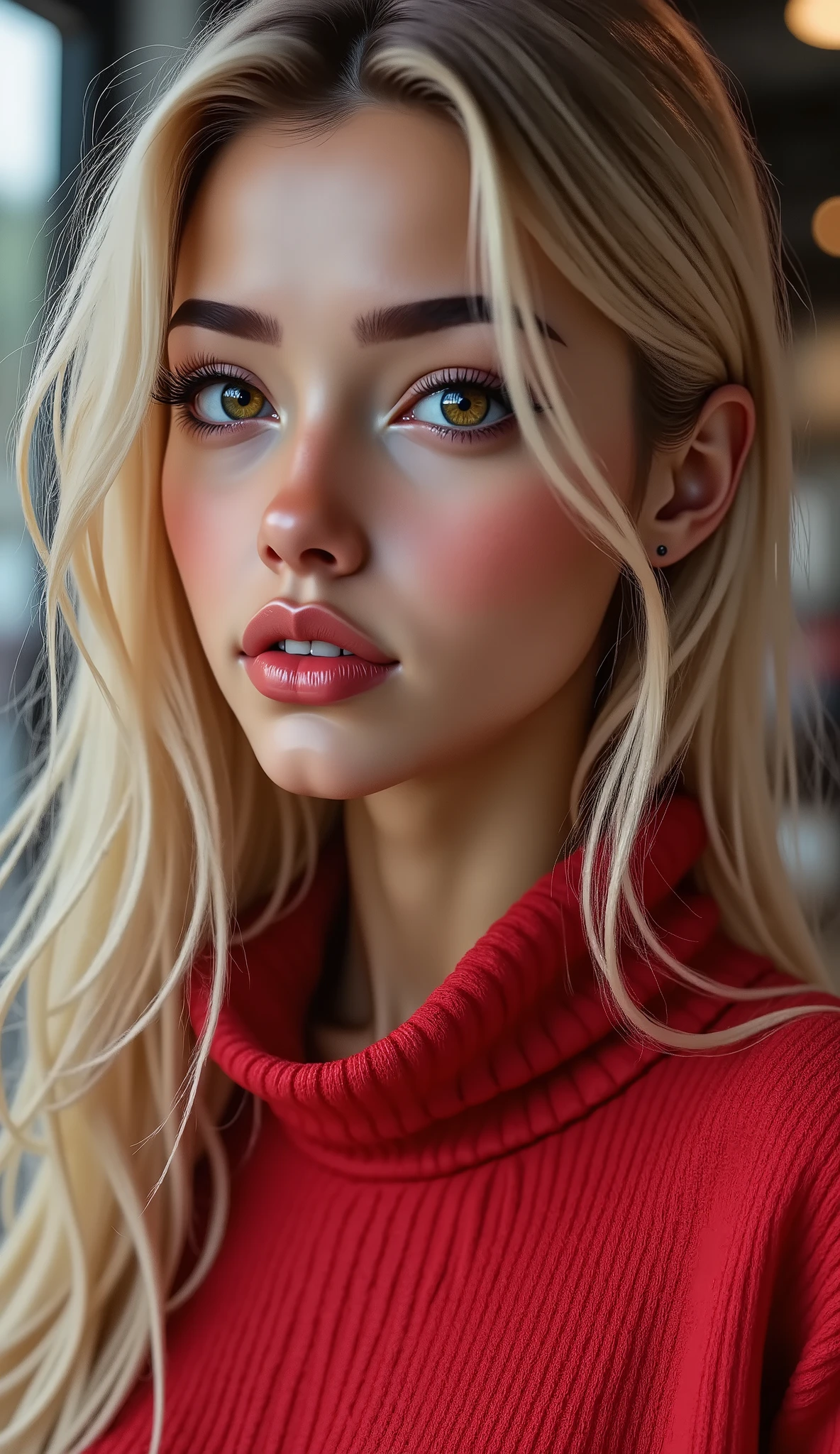  Realistic (Photorealistic realism), ((extremely high quality, professional, highly detailed digital art)), ((focus on extremely Realistic Proportion Body, Anatomically Correct:1.2)), ultra-details, ((Ultra high resolution Realistic eyes clear, sharp, absurd quality, not blurry)) , (ultra realistic texture details: velvety skin , hair) , Beautiful Girl , ((sharp focus, no blurry eyes, high resolution, absurd quality, Realistic brown eyes:1.4)), (extremely fine details eyes), (extremely fine details pupils), ((open mouth, joyful expression:1.29)), (perfect dark_eyeshadows:1.4), apply glossy red_lipstick:1.3, ((Beautiful long legs in good style:1.35)), (medium butt), (skinny body build), slim belly, muscular body, Beautyfull White woman. ((cropped red sweater with short sleeves)). Big breasts. ((Short jeans)). Curly long blond hair. Long legs. 