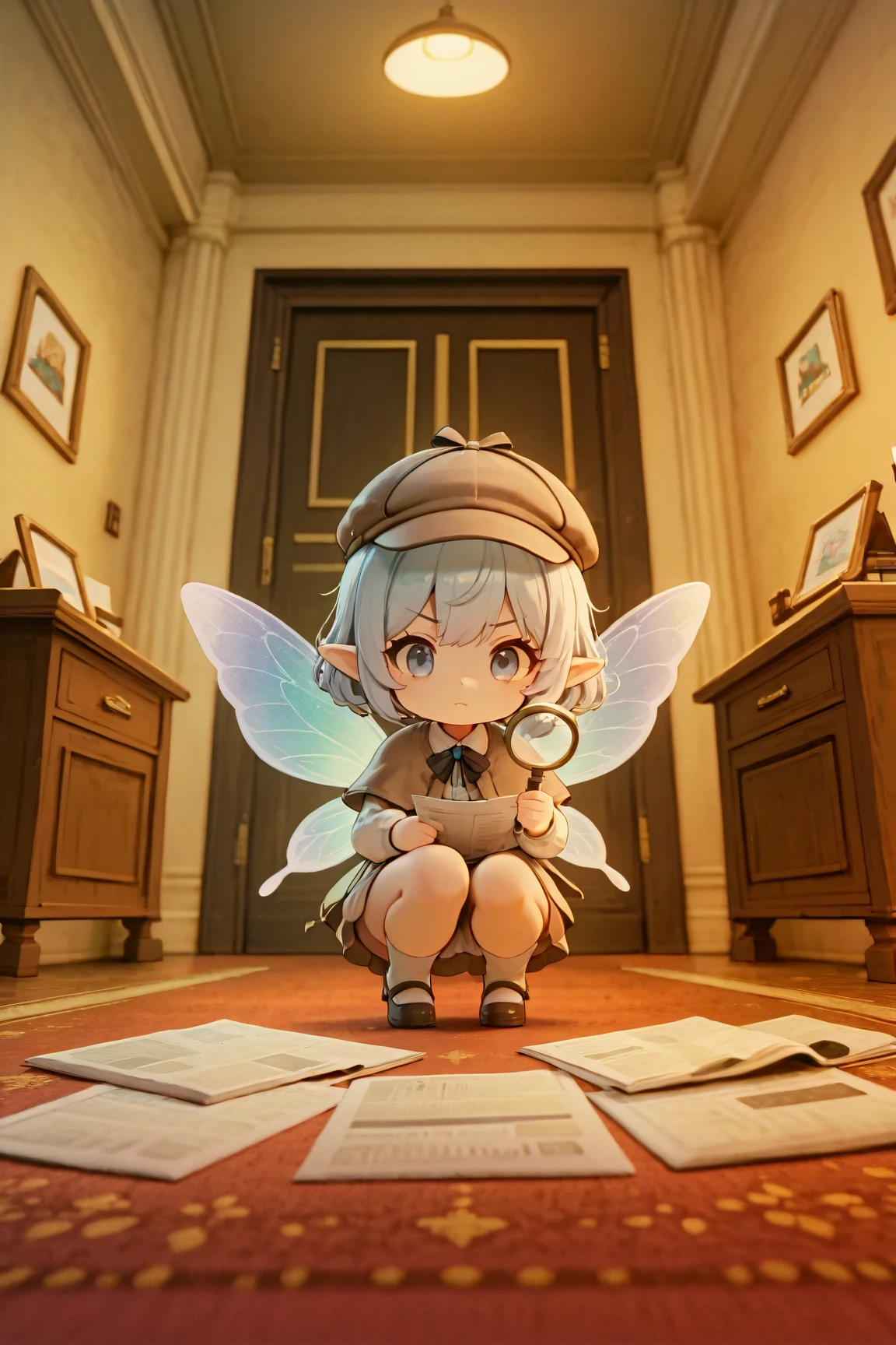 score_9, score_8_up, score_7_up, masterpiece, best quality, perfect facial features, highest resolution, 8k, amazing quality, detailed eyes, clear eyes, dynamic composition, dynamic pose, face clearly visible, whole body, low angle, 1girl, solo, 1chibi girl, repochi, light blue hair, short hair, fairy wings, fairy, fairy girl, (fairy girl), repochi's clothes, fairy clothes, fairy dress, Great detective, detective, detective costume, detective hat, pipe tobacco, magnifying glass, holding magnifying glass, monocle, Sherlock Holmes, Holmes, Sherlock Holmes costume, Sherlock Holmes hat, newspaper, England, English landscape, interior, murder scene, white murder scene tape, bloodstains, blood, luxury hotel, entrance, reception desk, serious expression, exploring, dynamic pose, dynamic composition, low angle, crouching, sitting cross-legged, examining the ground, examining the floor, carpet, locked room, locked room murder, dynamic pose, low-angle shot, (((clear contrast between light and dark)))
