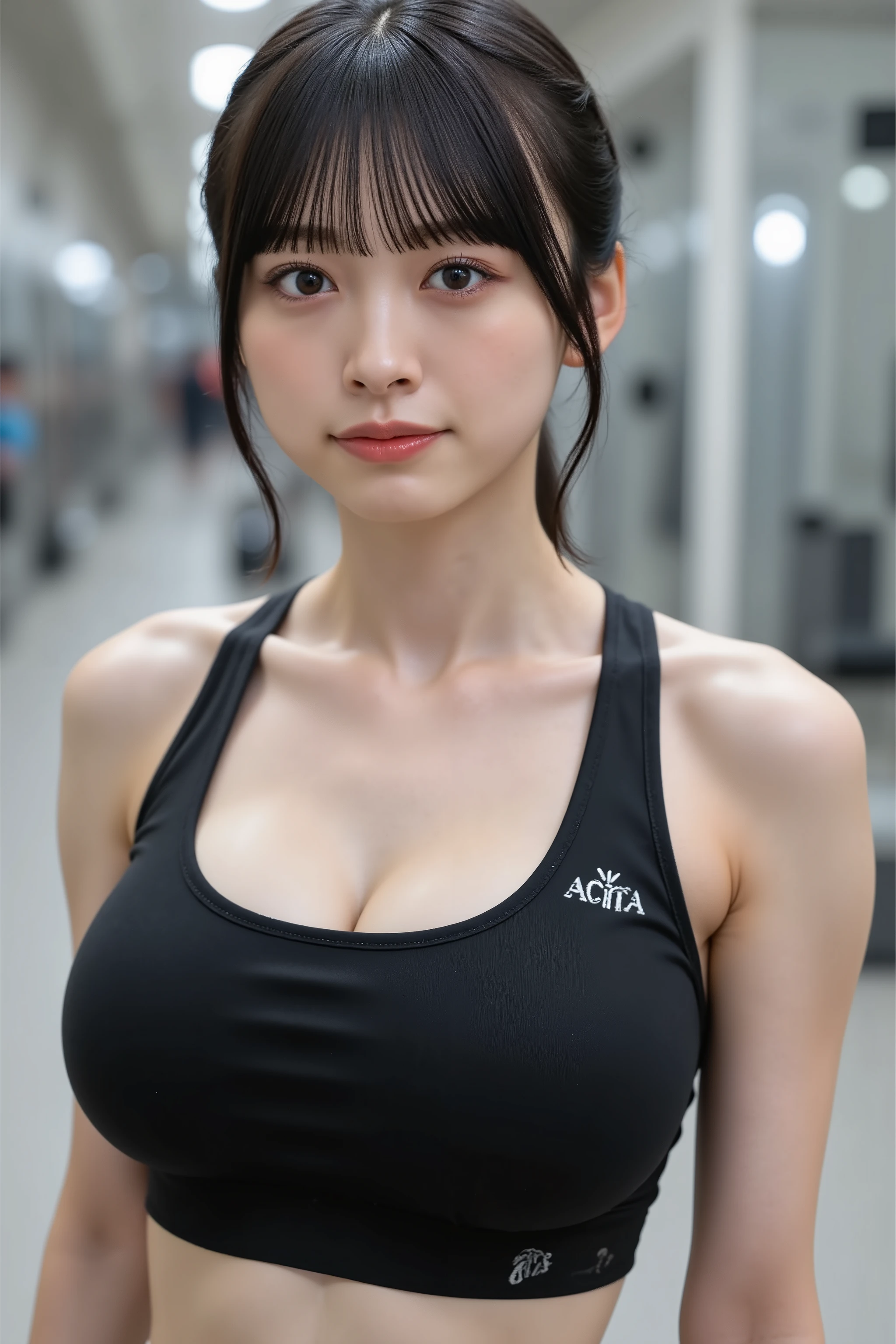This photo captures a beautiful Japanese woman.
She is wearing a black sports bra and black shorts, calvin klein,
(beautiful girl, delicate girl: 1.3), detailed face,
very fine grain definition, (symmetrical eyes: 1.3),
black eyes, bangs, black hair, (eye and face detail: 1.0),
Healthy thighs, Healthy build, perfect anatomy,
Full body. High resolution, the texture of her skin is clear.
The focus is very sharp and focused on her face.
This is a super high resolution image. Her expression is sexy.
facing forward. She has shiny black hair. Her skin is beautiful.
fine-grained. and even. big breasts,
BREAK
32k, (masterpiece:1.2, Highest quality, Ultra-high resolution, Super detailed),
top quality, cute girl, fair skin, neutral expression, sharp focus,
blurred background, looking at viewer,
(sports gym),