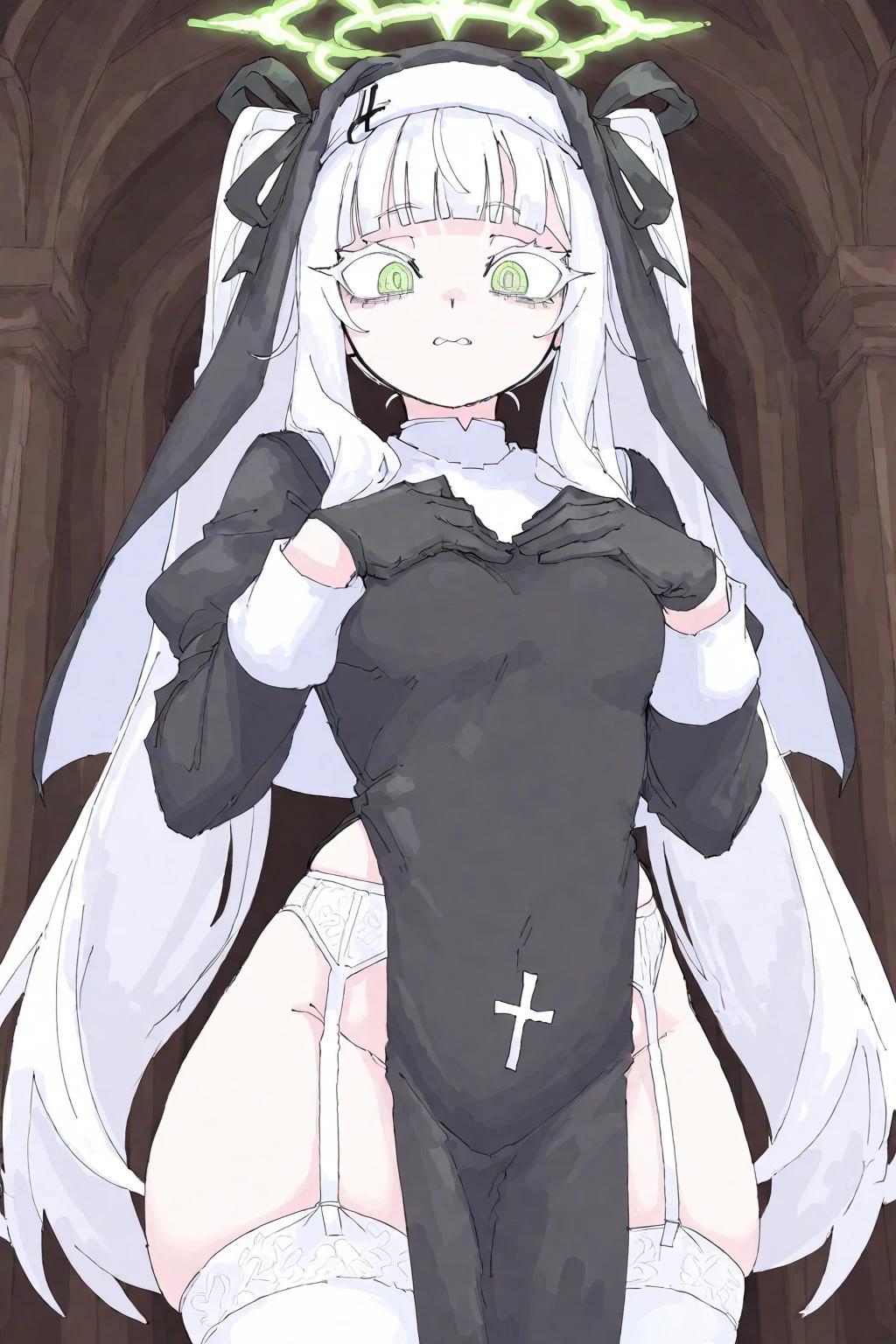 a nun, White hair, black red eyes, semi nude, Sex, hypnosis,