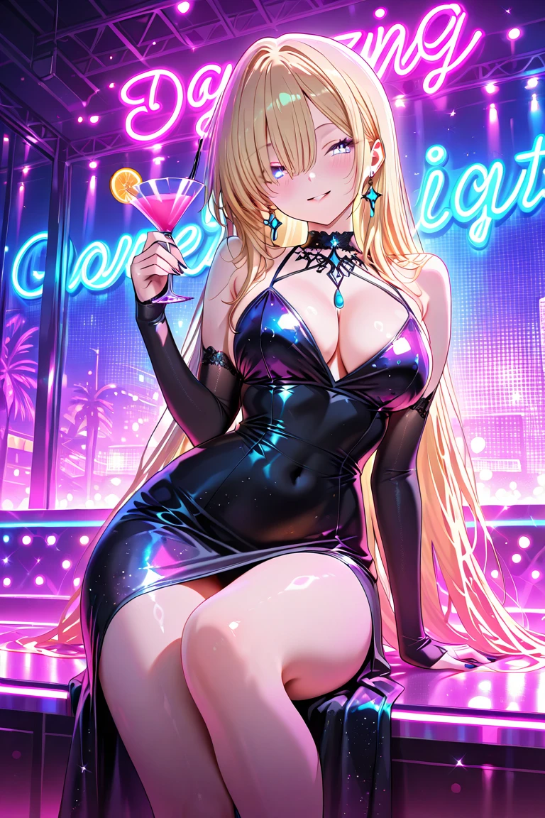 masterpiece , (gyaru hostess:1.2, gyaru make-up:1.2, gyaru:1.2, Dark eyeliner、Long eyelashes、False eyelashes、Colorful Eyes、Light fluorescent lip gloss、nightclub:1.3, hostess:1.3, nightclub girl:1.3), (((Big Breasts))), Shiny sequined off-the-shoulder velvet dress), Sitting shallowly on a big sofa、Drinking alcohol and getting drunk、Drunk and dazed face、Head to foot diagram、(Dimly lit interior and atmosphere:1.5)、(Good health:1.3, Innocent girl:1.2,)