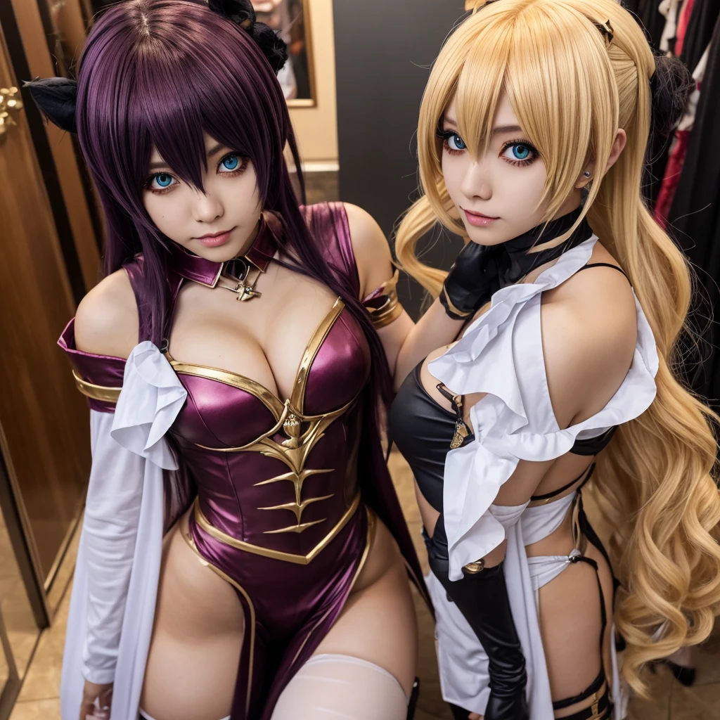 Photorealistic, 2 girls: [Scathach and Arturia Pendragon from FGO, Fate Grand Order, both girls wearing maid cosplay (Scathach wears purple, Saber wears blue or red), stockings and tights, garter belt, short skirt, high heels, long gloves, long hair, vivid lipstick], photo from head to toes, full body shot, seductive pose, inside the palace bedroom