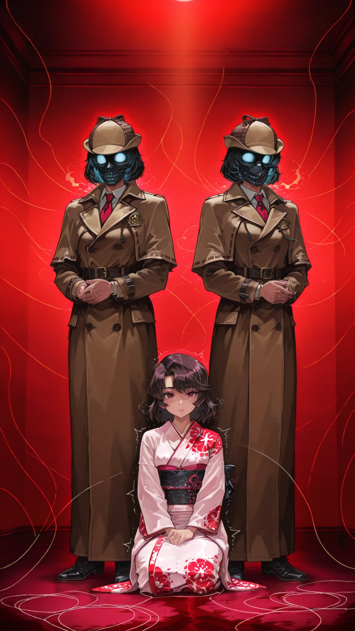 perfect finish, Superb quality , detailed description, Detective, Thread, Dual-Faced Expression, High-class kimono, intellectual atmosphere, Eyes Concealed Insanity, Shaking shoulders, Tense Posture, Luxurious Japanese-style Room, Proof with Blood Stains, The red light of the sunset, Mysterious Atmosphere, film noir style