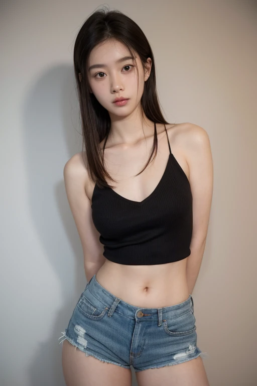 Girl posing for photo in white bra and tight denim, arms behind back, full body, slender legs, small white shoes, with cropped t-shirt, bra, slim figure, smaller bust, slim girl model, 24 year old female model,
