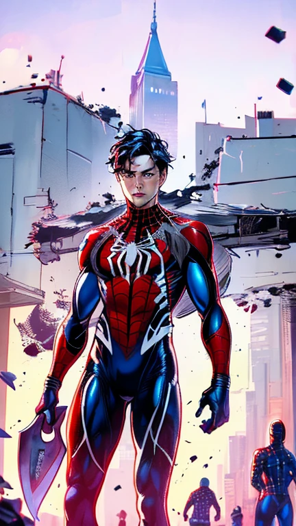 Tobey Maguire dressed in futuristic costume reminiscent of the Spiderman costume with iconic Spiderman logo, explosions, destroyed buildings collapsed, rising smoke, purple flames, reflected purple and blue lights, realistic, photography, Canon Eos R6