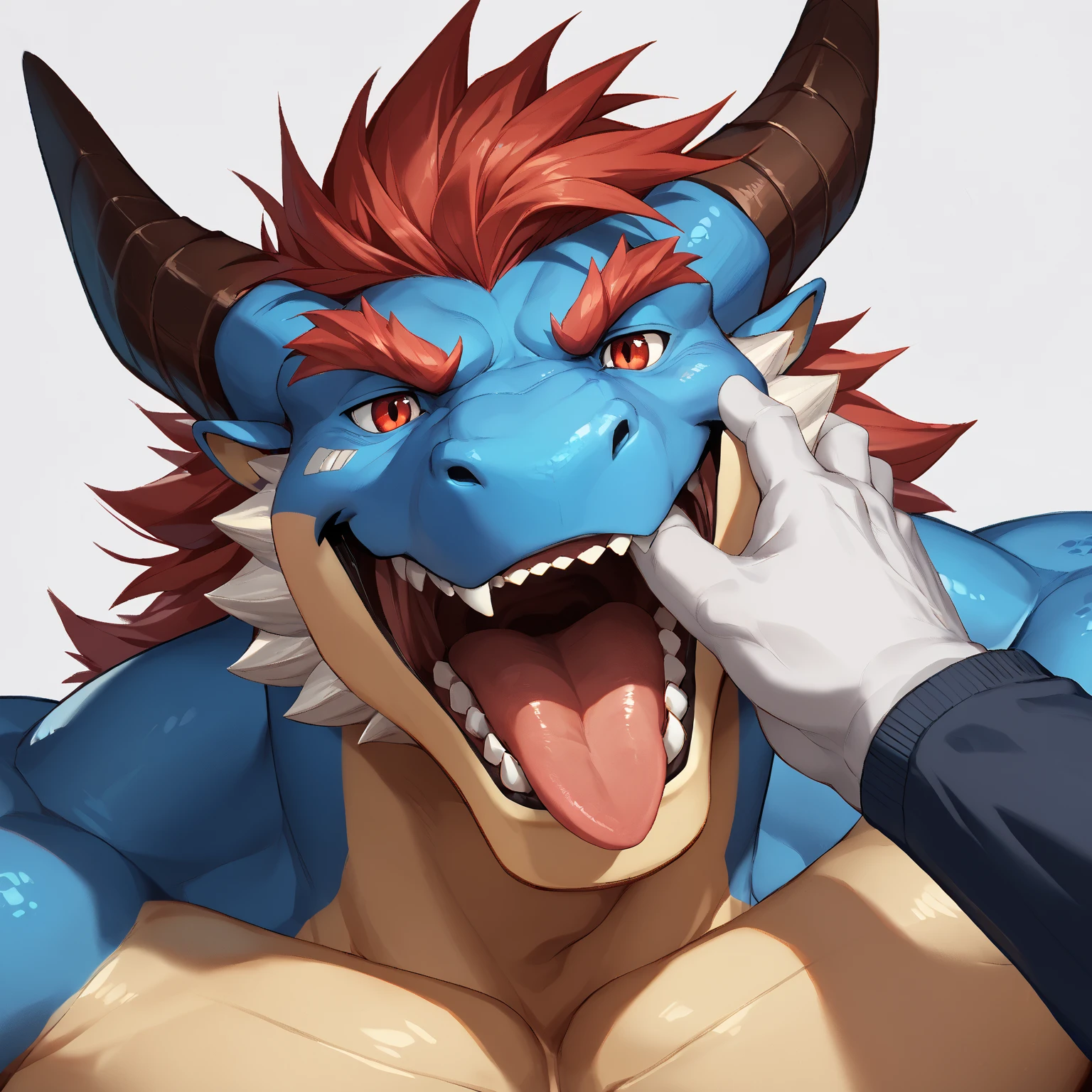 , male, standing, fantasy armor, fantasy town, cillage, tavern, tyrannosaurus, dinosur, carnivore, huge sharp teeth, massive, enormous, tall, huge, wide, thick, buff, giant biceps, huge pecs, muscular, big bulge, by bebebebebe, smirking, smug expression, big tail, thick tail, evil grin, , by darkgem, steam, sweat, kissing, kiss, blushing, blush, bashful