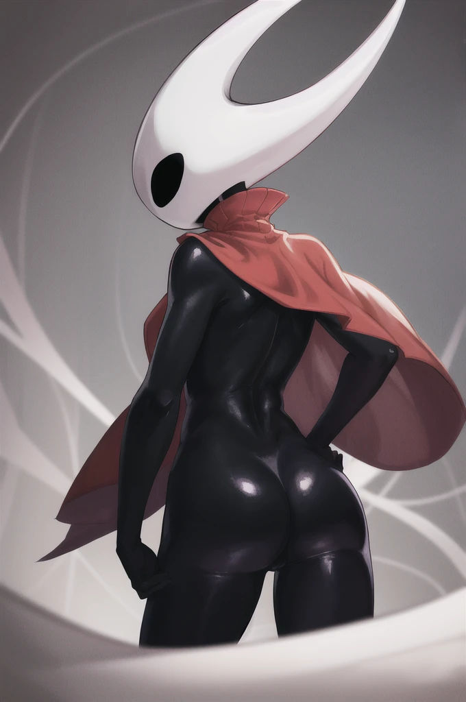 full body, hornet, 1girl, solo, mask, closed eyes, simple background, (black skin:1.2), red capelet, yelow underpants, turtleneck, hands on ass