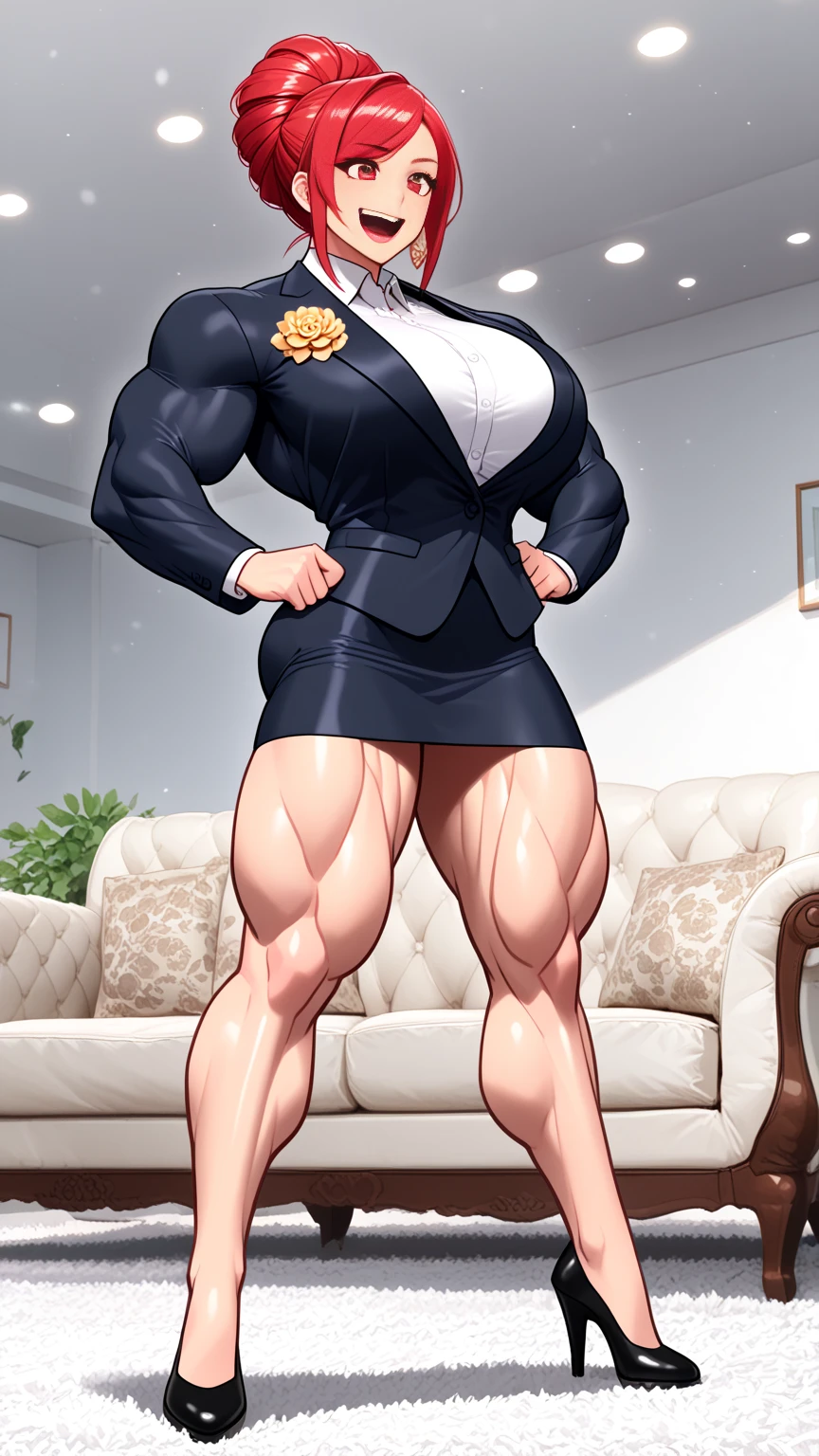 a muscular female bodybuilder in office suit, detailed face, beautiful detailed eyes, beautiful detailed lips, extremely detailed face and muscles, long eyelashes, strong muscles bulging through suit, dynamic pose, professional studio lighting, hyperrealistic, 8k, high quality, photorealistic, physically-based rendering, concept art, dramatic color palette,(from behind big ass,face looking at left side)