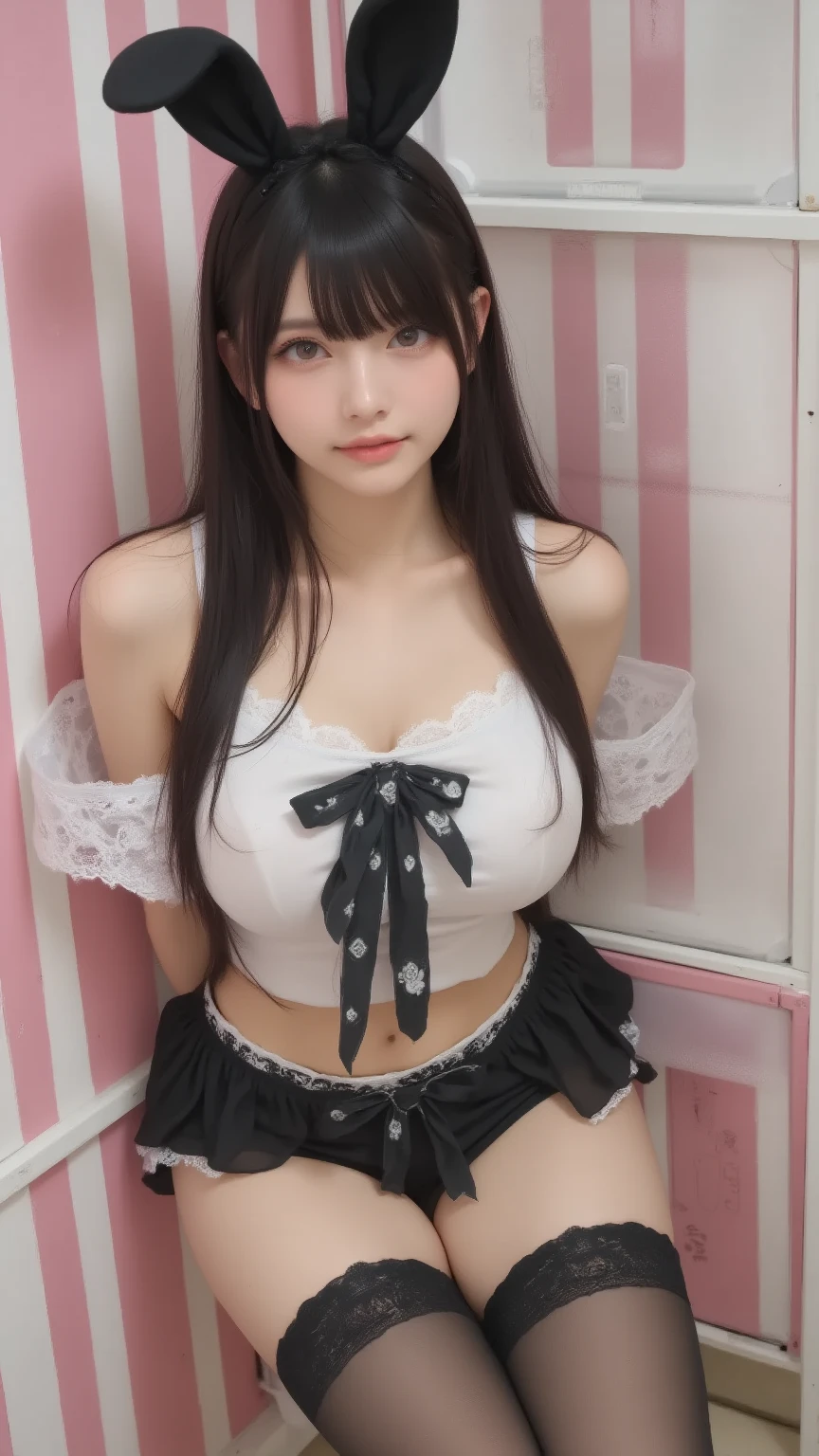 (Close-up:1.4)、(RAW shooting:1.2)、(photorealistic:1.4)、(masterpiece:1.3)、(highest quality:1.4)、solo、7 head and body、(slender and beautiful girl)、cute、(Medium chest:1.2)、(cleavage)、(erect nipples:1.2)、(full body shot)、8K、(muste piece:1.2)、(ribbon、flare skirt、knee high socks:1.3)、view audience、blush、ribbonボンデージ、(beautiful hands)、(beautiful thighs)、(twin tails:1.2)、(maid:1.3)、(Sexy model pose with chest sticking out:1.3)、cute系、ancient city、(perfect anatomy:1.2)、