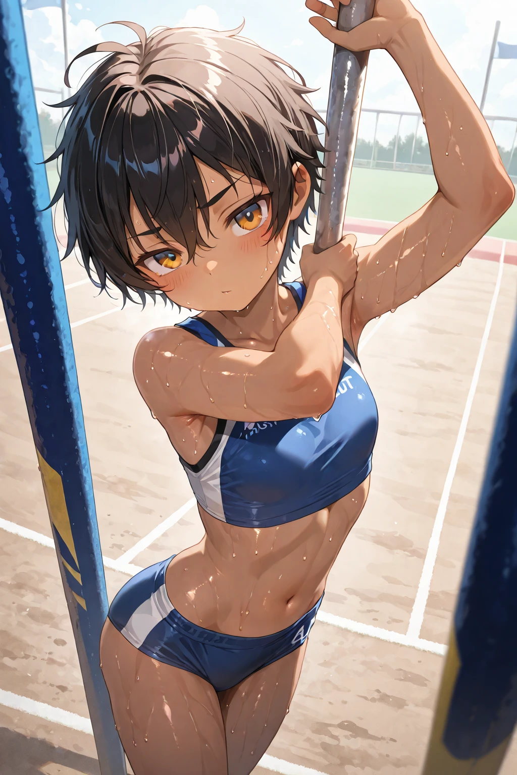 NSFW, (4+girls:1.5), (alternate athlete swimsuit pool), tanned skin, dark tanned skin, oil, (muscular:0.7), thin waist, (abs:1.3), tan lines, dynamic poses, sexy interactions, girls playing beach volley, ball of beach volley, net, removing clothes, showing skin, masterpiece, top quality, ultra high definition, highest resolution, very detailed, perfect face, professional lighting, clean skin, CG illustration, slender, very cute, young face, underboob, cleavage, lower breast, wet body, (breasts out:1.4), different hair colors, short hair, pixie haircut, semi-long hair, different hair cuts, hair ribbon, blush, navel, point of view from behind, from below, wet body, (breasts out: 1.4), (plastic bag 1.2), transparent swimsuit, beach, sand, water, (wind: 1.3), girls playing behind, showing ass, black necklace choker
