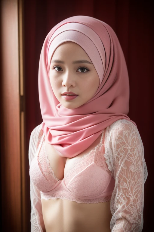 Craft an outstanding portrait that celebrates the beauty and individuality of a Malay girl in a hijab. Showcase her personality and story through creative composition and lighting. Use natural light or unique artificial lighting to add depth and character to the portrait. Pay attention to the details of her hijab, clothing, and accessories, highlighting their textures and colors. Encourage the subject to express her emotions and character through her gaze and pose, creating a compelling and empowering portrait that captures her strength and uniqueness, large loose chest, perfect plump drooping breasts, overflowing breasts, open chest, symbol as a woman, detailed description, 23 years old, cute, super sexy, random posing, Orgasmic Face, fluffy breast, full body