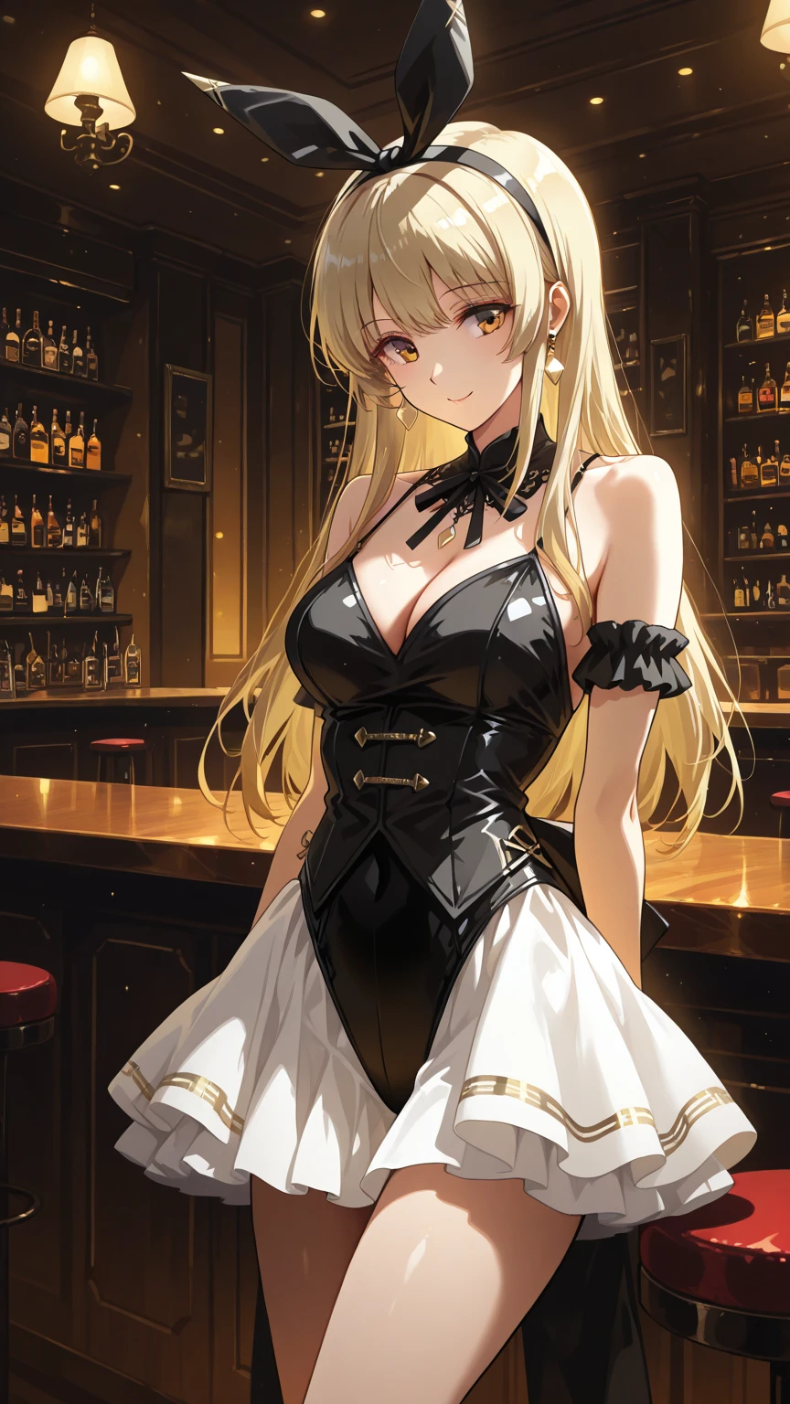 最high quality、best image quality、masterpiece、teenage girl((20-year-old、 By becoming、vest bust、medium bust,wide open breast tea、shining eyes, blonde hair、long hair、thin,highest valley、ponytail、Bartender costumes、mini skirt、holding a wine bottle、smile、black gloves、chest holder、breastfeeding、leaning forward)),high quality、beautiful art、background((night bar))debris flies、Depth of written boundary、movie、visual art、perfect art、8k,genuine、