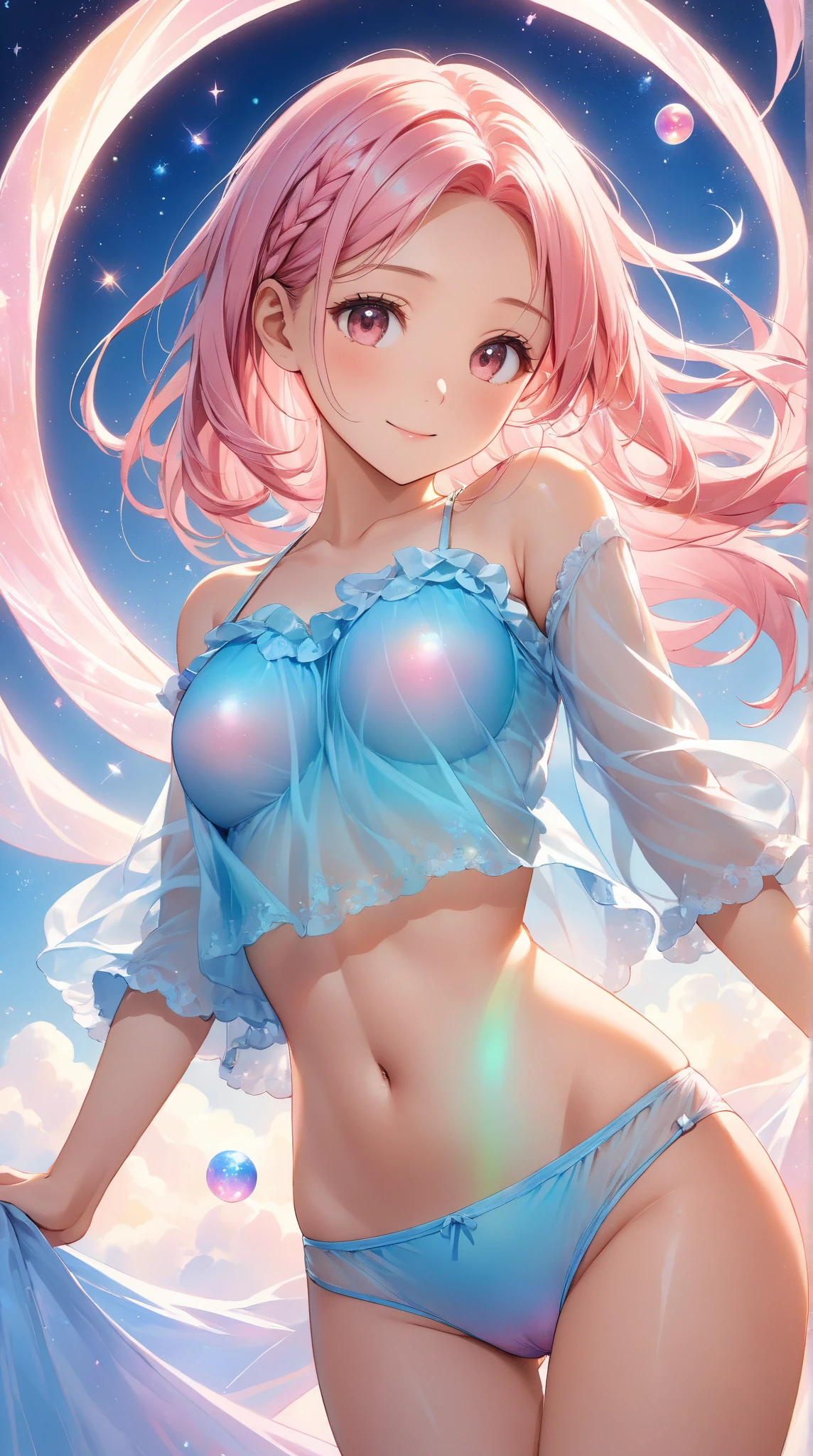 <lora:YumemiRiamuV4-000003:1>, YumemiRiamu, 1girl, from side, yumemi riamu, breasts, pink hair, swimsuit, bikini, solo, ahoge, large breasts, multicolored hair, looking at viewer, two-tone hair, looking to side, ass