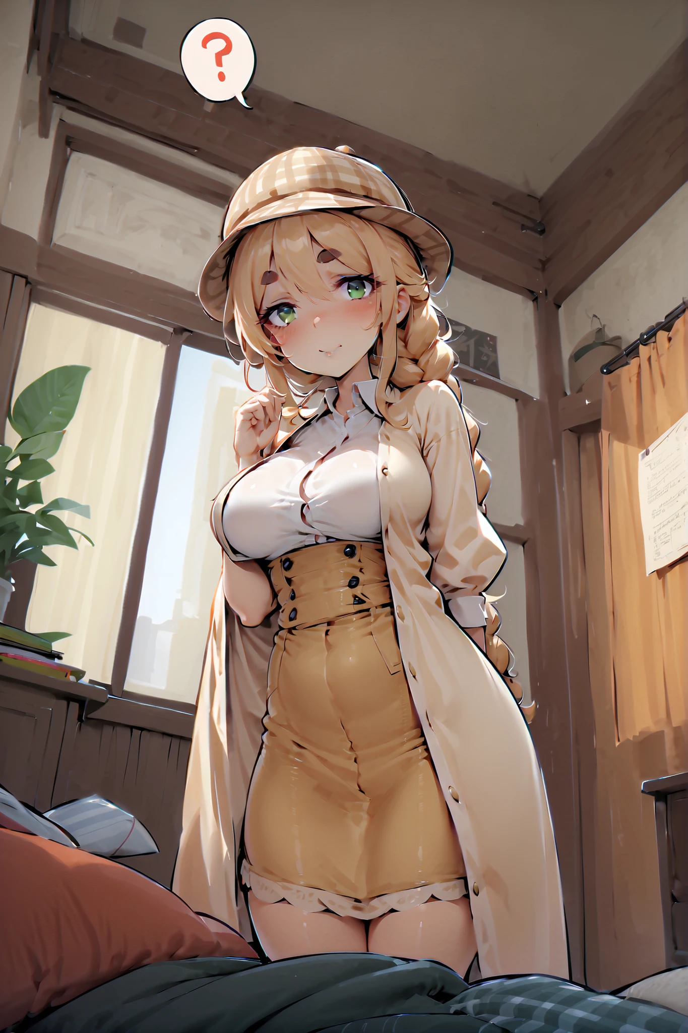 score_9_up,score_8_up,score_7_up,score_6_up,score_5_up,score_4_up,(((solo))),(pekomama),(((milf))), thick eyebrows, droopy eyes, long hair,braided ponytail , Deerstalker hat ,you have a magnifying glass ,(spoken question mark),searching,serious ,indoor ,in the house, crime scene,at noon,