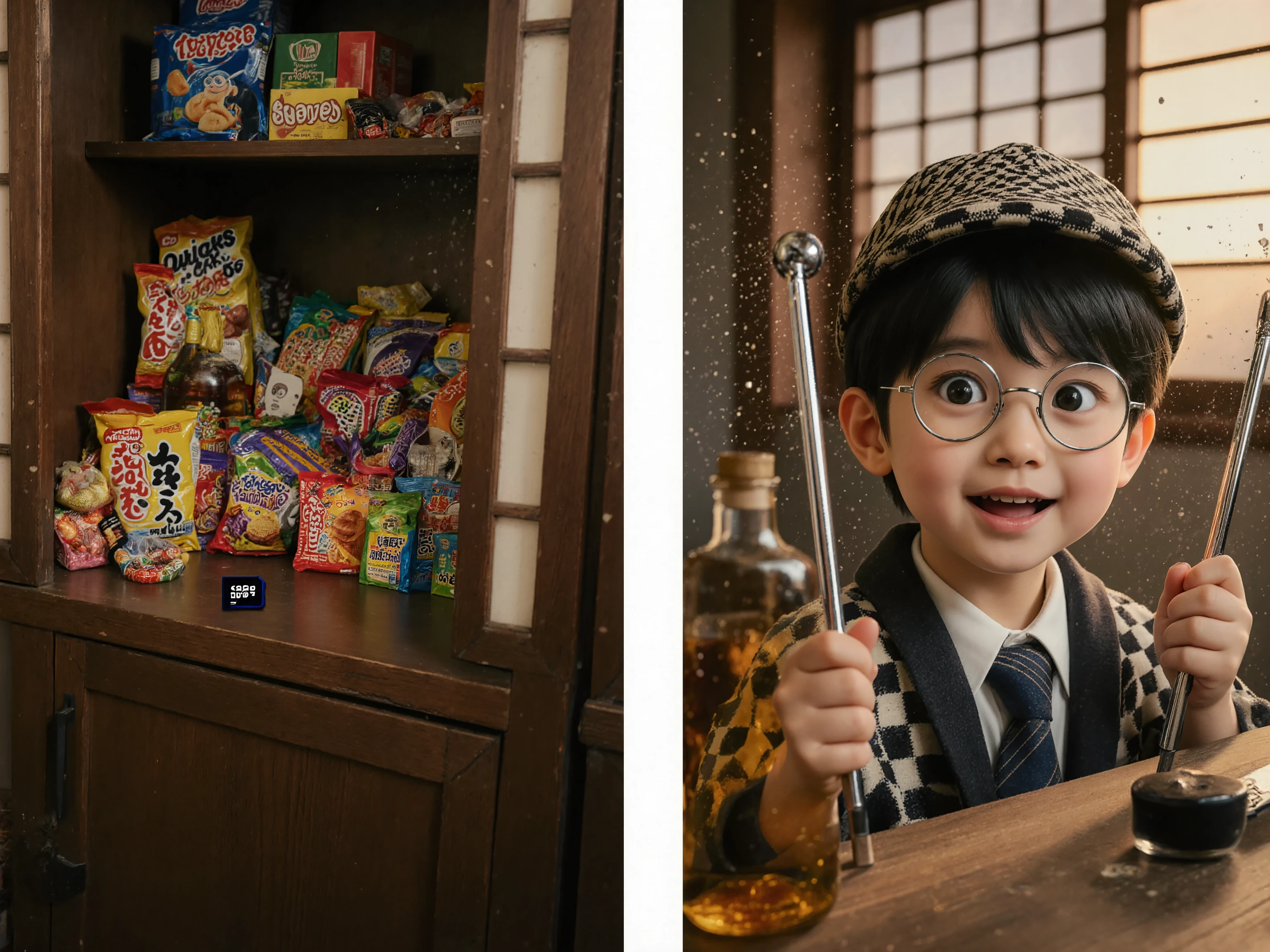 Left panel:
A young child detective, around 10 years old, wearing small round glasses, a slightly oversized detective hat, and a checkered cloak. Holding shiny silver dowsing rods, the child opens a wooden cupboard inside an old Japanese-style living room. Inside, piles of snack bags, candy, and colorful sweet boxes are revealed. The child detective makes a small triumphant gesture with a proud smile, as if saying “Found it!” Soft evening sunlight shines through a shoji window, dust particles floating in the air. The mood is humorous and playful.
Right panel:
The same child detective, now looking at a liquor bottle placed next to the sweets. Beneath the bottle, a small black SD card is half-visible, faintly reflecting light. The child’s expression changes to wide-eyed surprise, mouth slightly open, realizing an unexpected clue has been uncovered. The same cupboard background is present, but the focus is now on the SD card, shifting the mood from playful to mysterious and serious, like the turning point of a detective story.