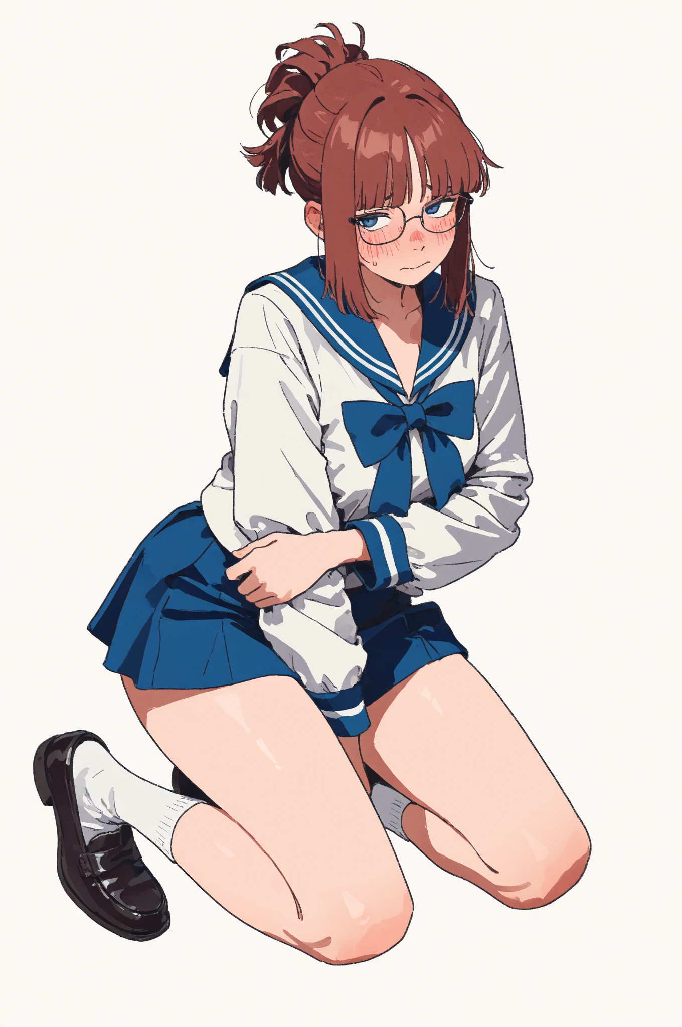 score_9, score_8_up, score_7_up, 1girl, glasses , , flat chest , pink eyes, - orange hair, medium hair , braided ponytail, wavy hair , hair between eyes, sideburns , NSFW staring, nose blush , head_tilt standing , From Front, serafuku , navy long sleeve, sweater , slouch socks, lowfwes , navy school bag