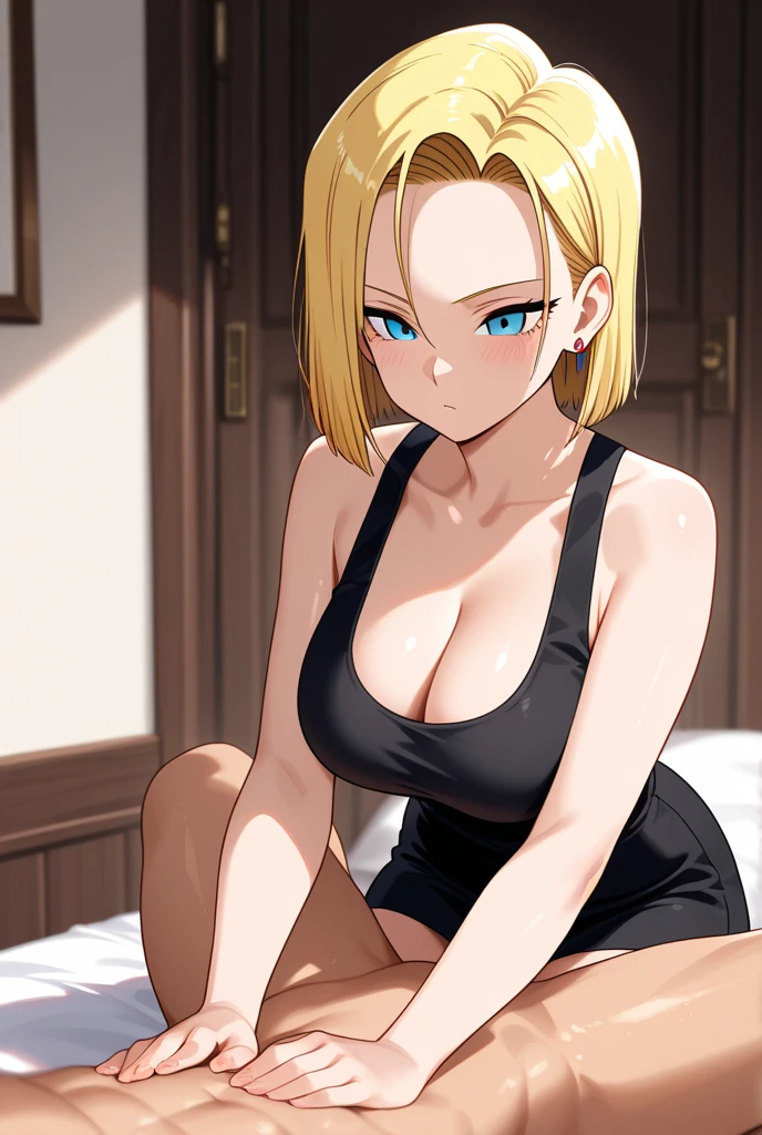 1 girl, alone, Tenka Izumo, short hair, aqua eyes, blonde hair, smile, jewelry, choker, blush, sweat, arms up, armpits, sports bra, black cleavage bra, yoga pants, tight black pants, bare waist, ,standing, room,bedroom, looking at viewer,from behind ,pov(from below),cowboy photo, (masterpiece: 1.2),sexy body, best quality, high resolution, (illustration: 0.8), (beautiful detailed eyes: 1.6), detailed, breasts large, medium waist, wide hips, round butt, perfect lighting, extremely detailed, (perfect hands, perfect anatomy),