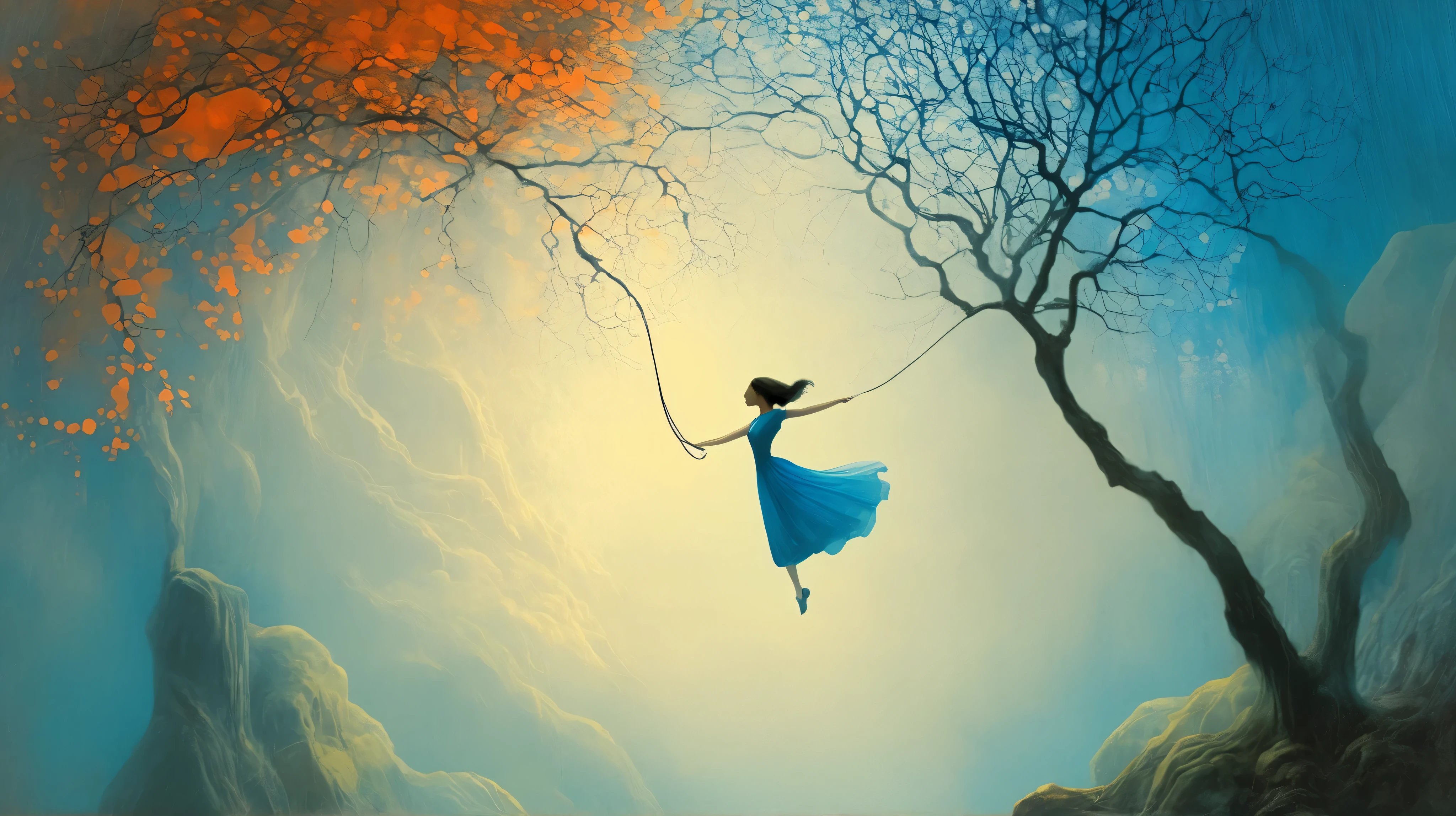girl, jump string, gardem. surreal fantasy, Starlit, dreamy mood, fine brushstrokes, vivid colors,  Stephen Mackey´s and M. W. Kaluta´s  whimsical painting depicting, dramatic light, high contrast with patterns. color palette: Maximum Blue, Battery Charged Blue, Orange Soda, Burnt Umber, Indian Red