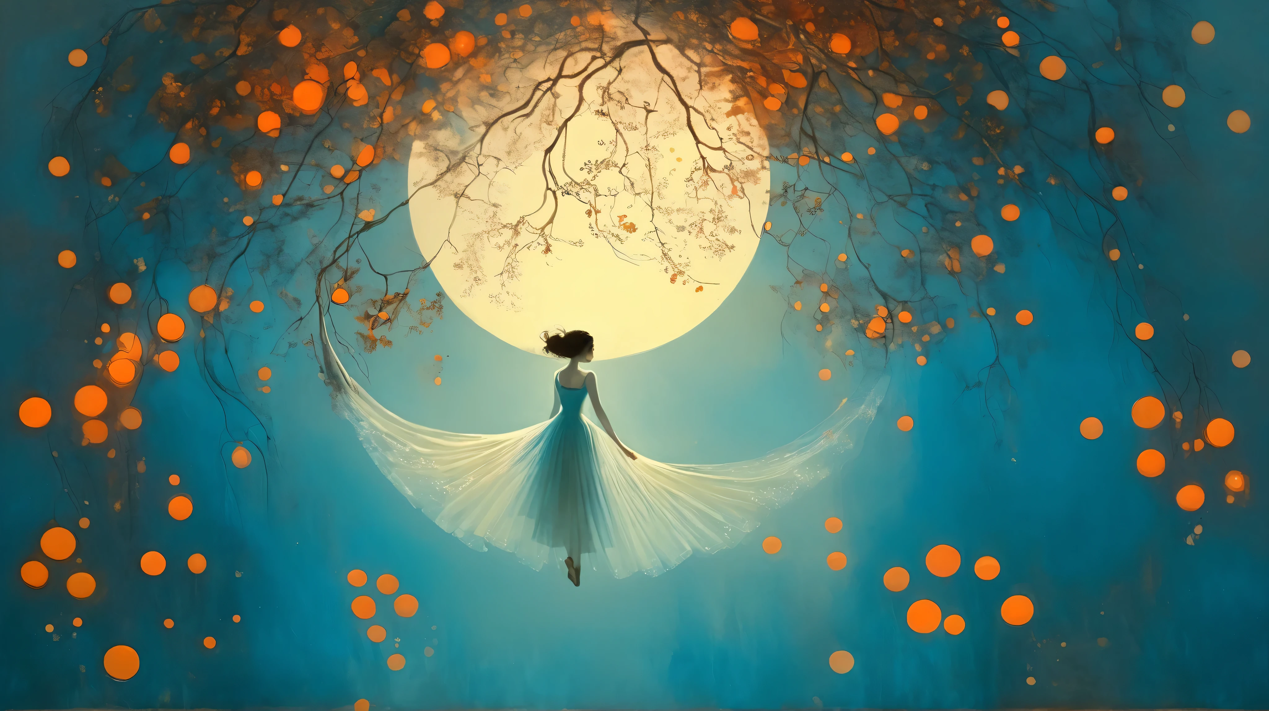 girl, jump string, gardem. surreal fantasy, Starlit, dreamy mood, fine brushstrokes, vivid colors, Stephen Mackey´s and M. W. Kaluta´s whimsical painting depicting, dramatic light, high contrast with patterns. color palette: Maximum Blue, Battery Charged Blue, Orange Soda, Burnt Umber, Indian Red