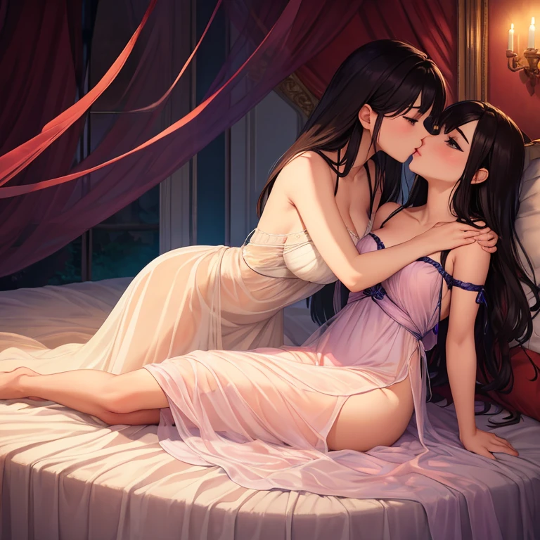 two girl kissing,,(bright lighting,romantic setting),dreamy background,,dark hair, mesmerizing gaze, , soft skin, alluring beauty, artistic portrait, high-quality image, vibrant colors,translucent long silk gown, mosquito net, lying down, romantic bedroom,bondage