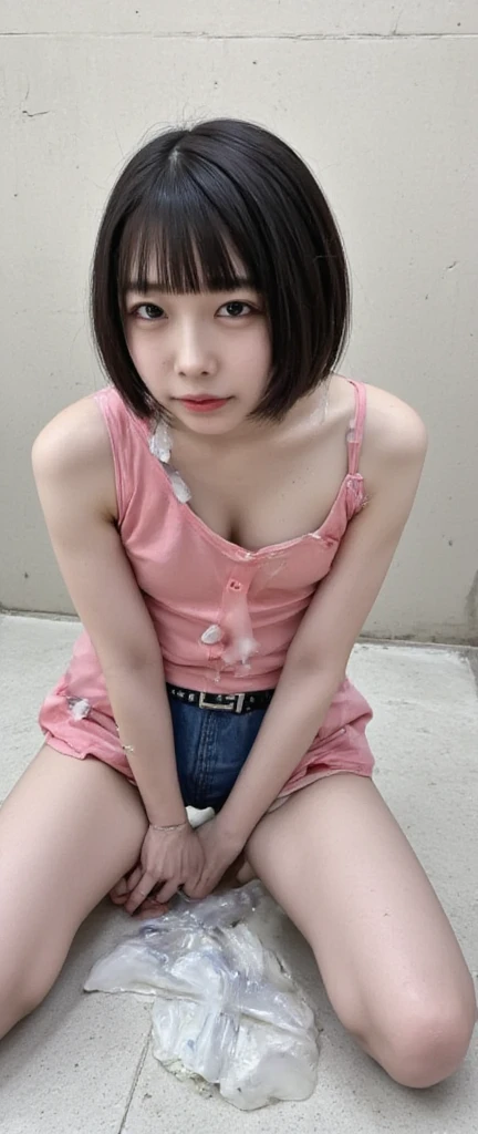 girl with full body tattoos、15 years old、beautiful girl、punk style girl、((heavy rain))、((Full body soaked))、sitting on the wet road、