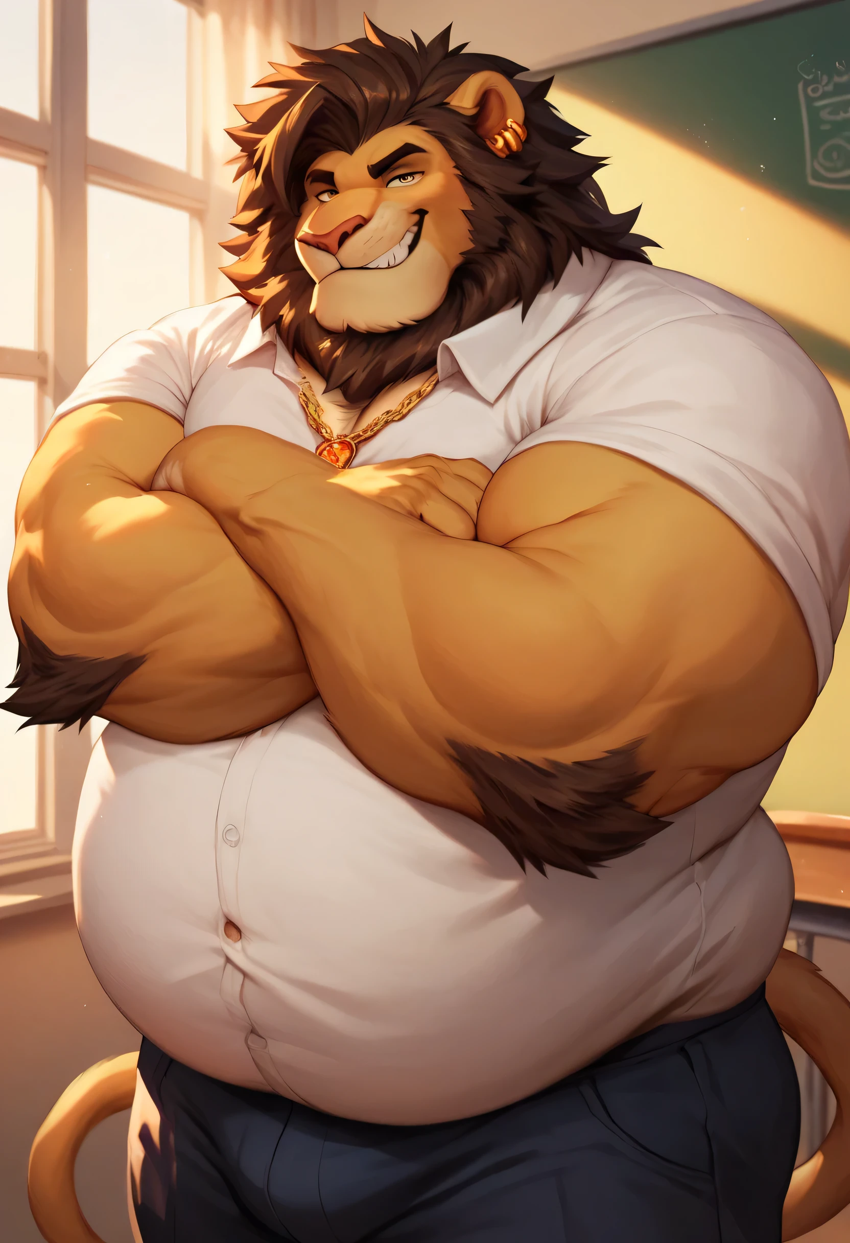 Anthropomorphic, male, lion, obese, school bully, wearing punky outfits, golden necklace, leaning on the wall, crossed arms, flirting eyes, background (high school classroom), round and big belly.