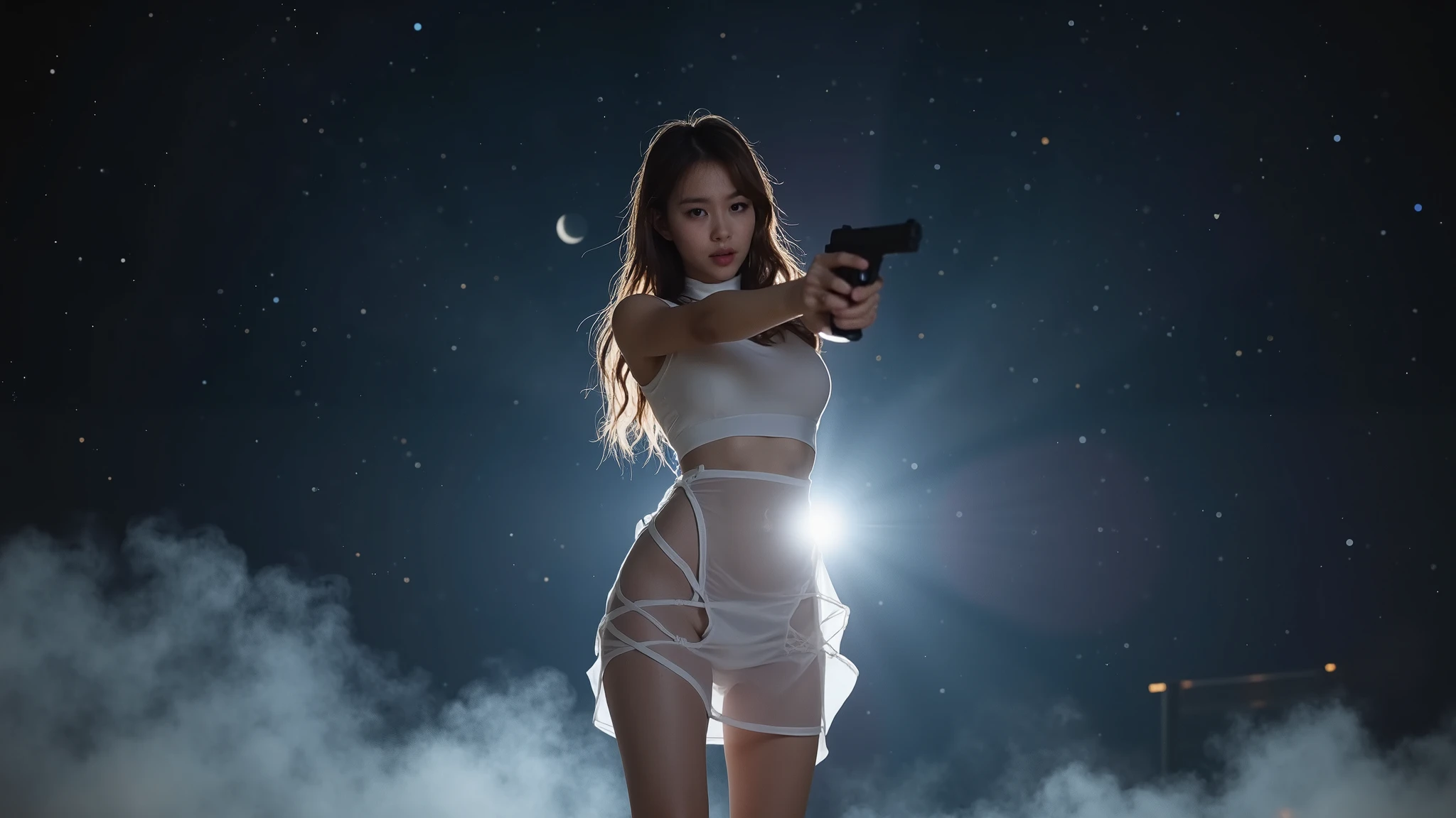 (((low angle view))), a naked 19-year-old woman under the beautiful starry sky, divine atmosphere, foggy, large-breast:1.2, (((side boob))), transparent:0.1 short:0.1 white shift dress, slim:0.6 body, cold face, slim face, (((aiming viewer with pistol))), (((G-string micro panty))). background portrait, darken background.