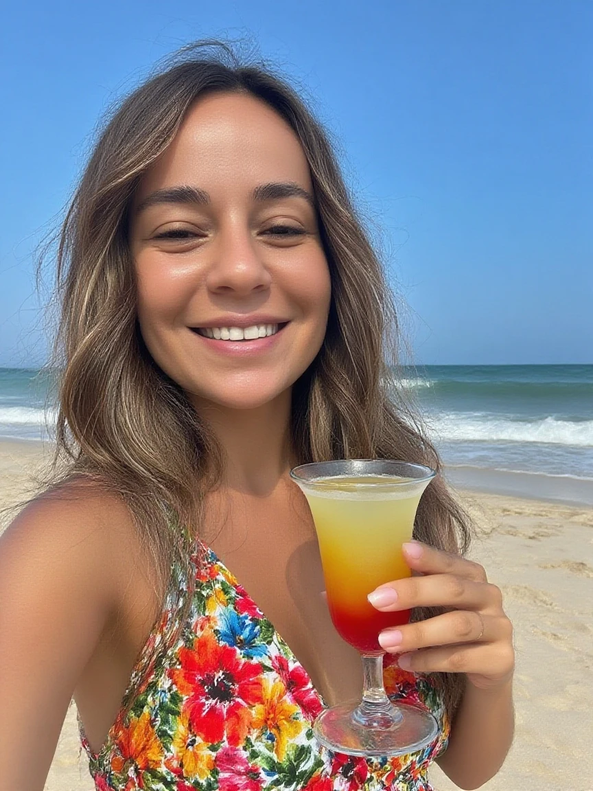Woman with long brown hair holding a glass of wine on a beach, Mulher de 30 anos, 3 0 anos de idade mulher, cerca de 20 yo, 🐿🍸🍋, Fotografia tirada em 2 0 2 0, 21 anos, 2 3 anos, 2 4 anos, 2 8 anos, beutifull, 2 7 anos