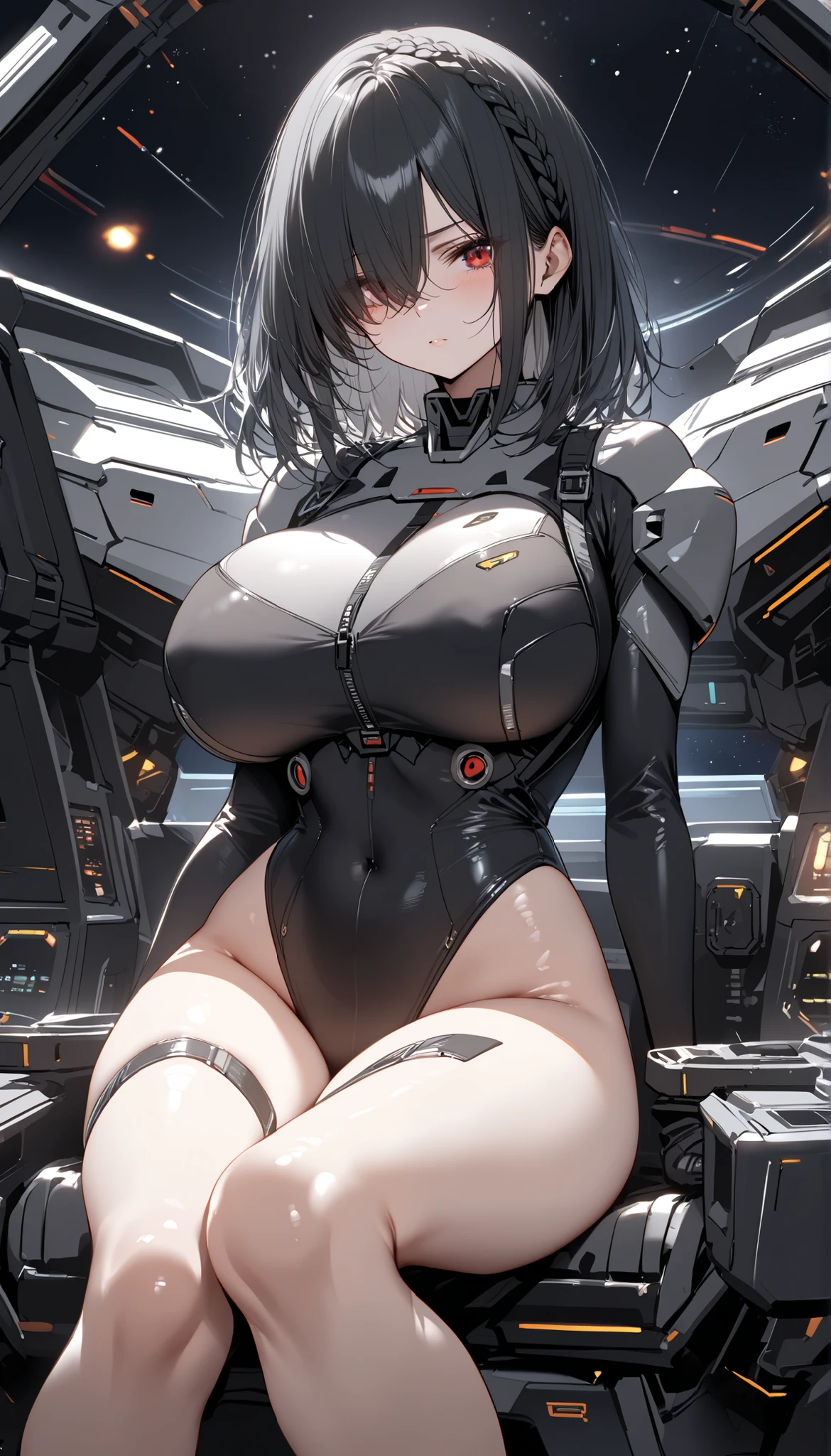 (huge tit:0.6、Beautiful breasts、Beautiful nipples、large areola、shinny skin:1.5)、(Nipples are visible),Science fiction, (masutepiece, Best Quality, ultra-detailliert), ((multicolored hair, Black hair, Blue hair)), Green eyes, Suffering, (1girl in:1.6), Dynamic streaks, Vibrant colors, Technology, manga influence, comic strip, gun, Mecha GIRL, full armor, cables, highly detailed wallpaper, ((mechanical limbpressionless, bio mechanical,