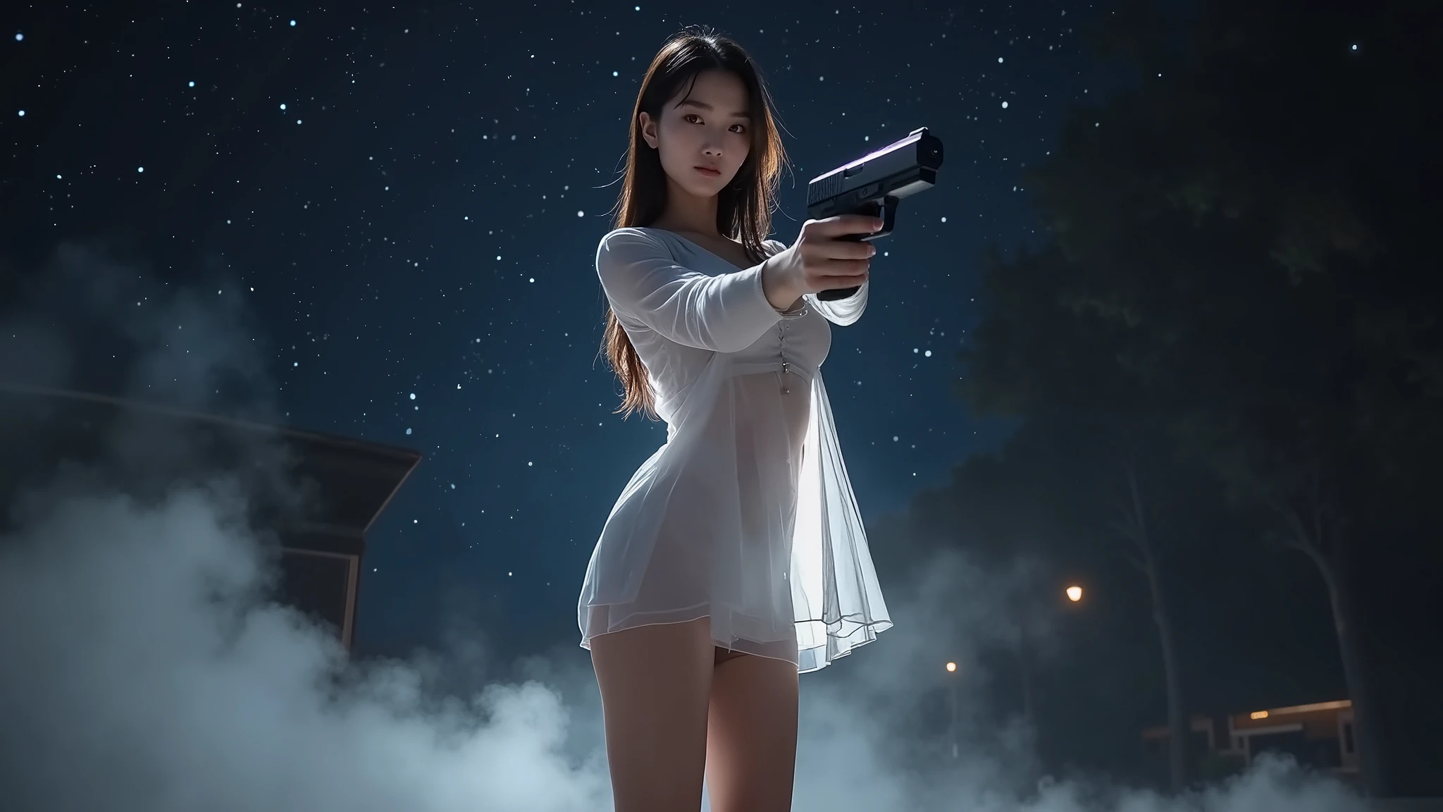 (((low angle view))), a naked 19-year-old woman under the beautiful starry sky, divine atmosphere, foggy, large-breast:1.2, (((side boob))), transparent:0.1 short:0.1 white shift dress, slim:0.6 body, cold face, slim face, (((aiming viewer with pistol))), (((G-string micro panty))). background portrait, darken background.