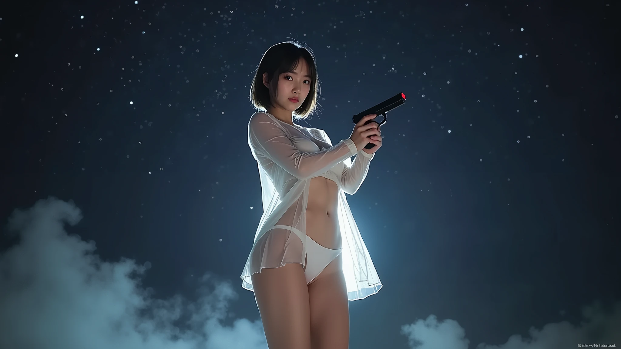 (((low angle view))), a naked 19-year-old woman under the beautiful starry sky, divine atmosphere, foggy, large-breast:1.2, (((side boob))), transparent:0.1 short:0.1 white shift dress, slim:0.6 body, cold face, slim face, (((aiming viewer with pistol))), (((G-string micro panty))). background portrait, darken background.