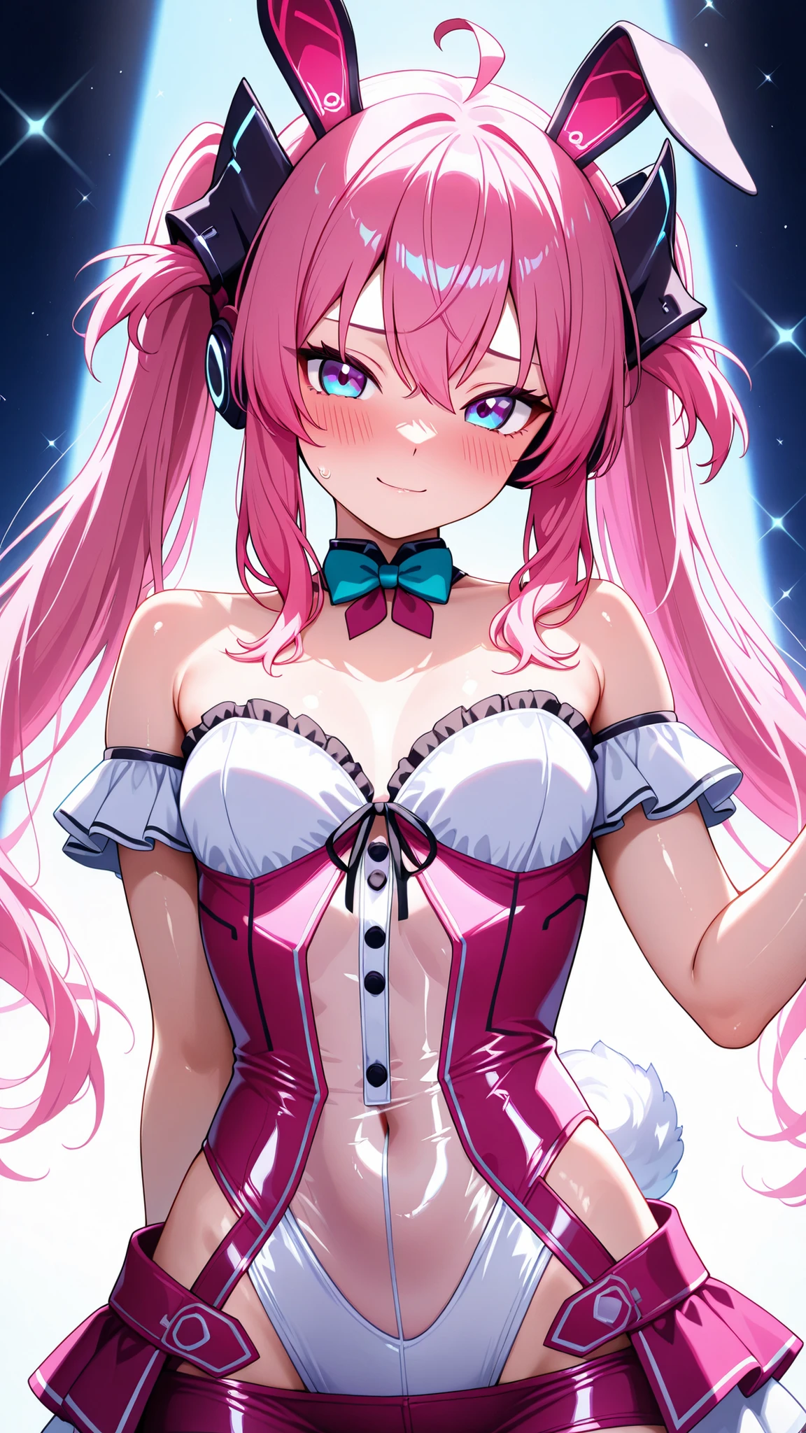 solo, grace_sveg, Tight waist、Small waist、shiny Skin , (upper body), light smile, big soft white bunny ears with a small aqua bow, large violet eyes, slight blush, embarrassed smile, glossy aqua-blue bunny suit with white frilled trim and heart-shaped buttons down the front, transparent sheer panels on the waist, off-shoulder frill straps, small fluffy white tail, tiny teal chiffon mini-skirt ruffle at hips, thigh-high sheer stockings, subtle highlights and sparkles on fabric, clean background, bright studio lighting,(upper body), dynamic lighting, vibrant colors, beautiful shading, anime-style illustration, 8k resolution, ultra HD,