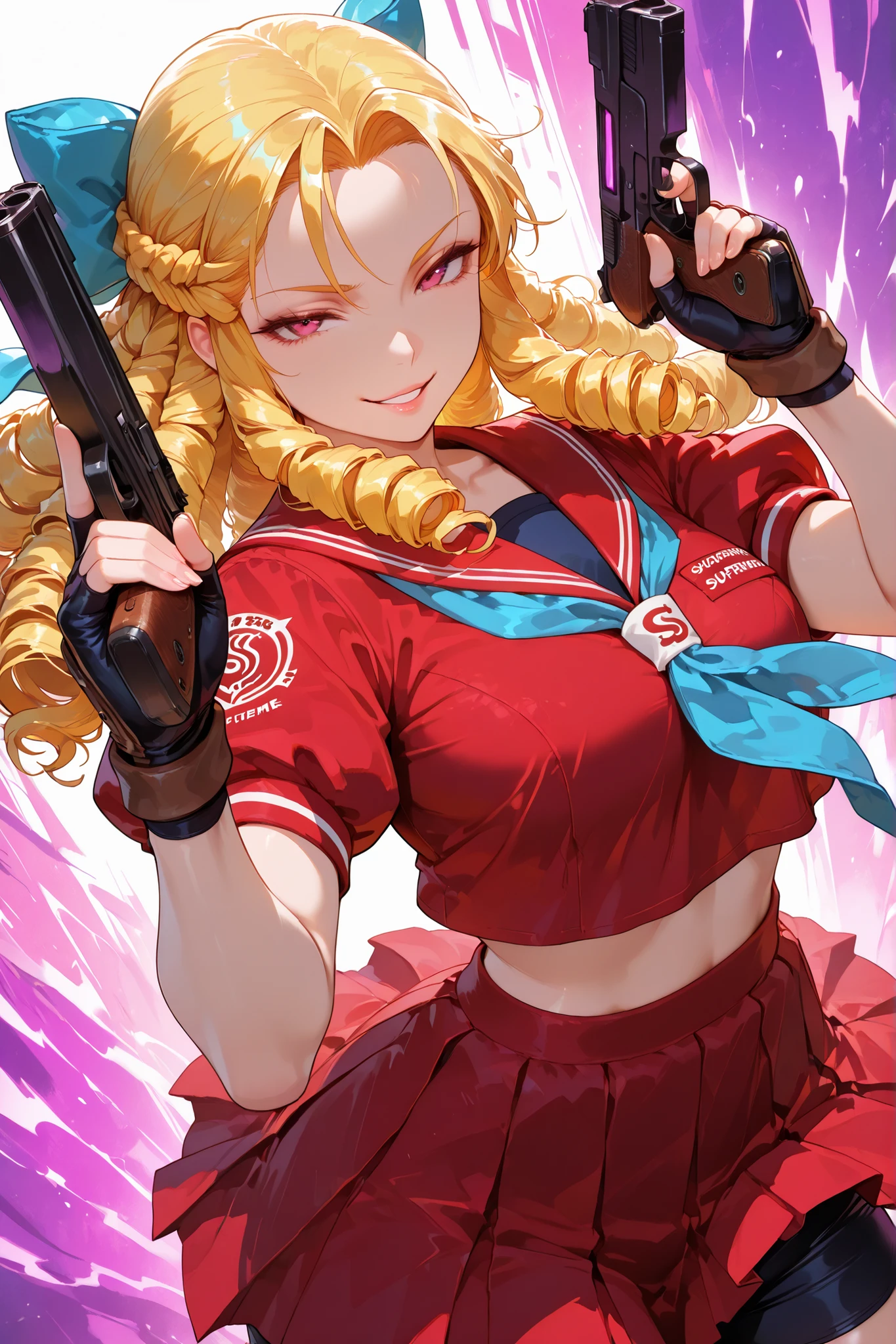 1girl, Karin Kanzuki, blonde hair, drill hair, hair bow, red sailor collar, short sleeves, red shirt, puffy short sleeves, blue neckkerchief, midriff, red skirt, shorts under skirt, fingerless gloves, good , standing, abstract background, looking at the viewer, detailed hands, holding gun, firearm, hand up,  smile, attractive, , dynamic angle, dynamic pose, parted lips, smirk, close up, , top quality, supreme masterpiece, ultra detailed, very aesthetic
