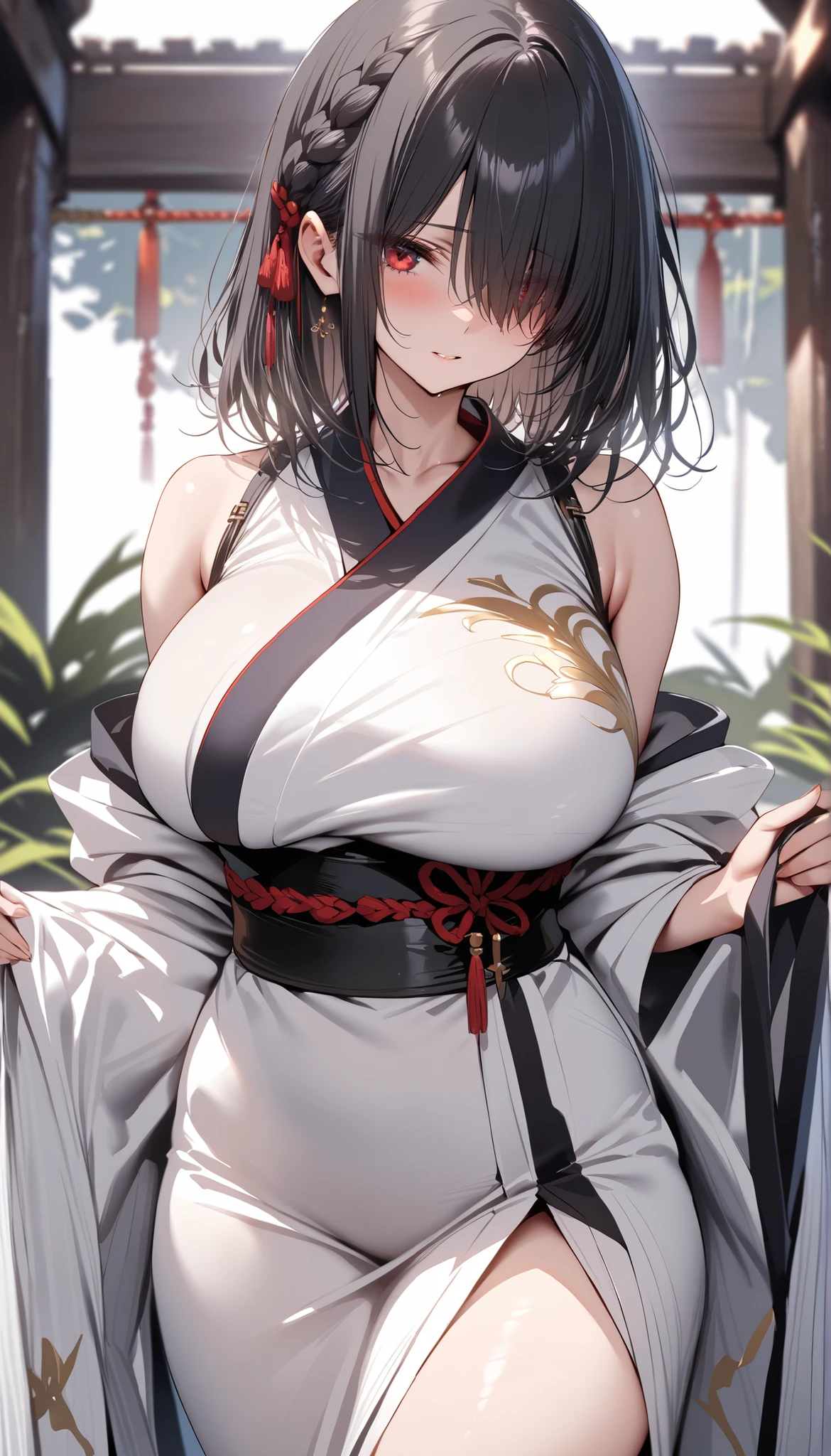 best quality,masterpiece, high res,original, beautiful detailed eyes,ultra-detailed, perfect anatomy,
1girl, solo, full body,
japanese clothes, kimono, white and black kimono,
large breasts, wide hip, mature female,
glamorous body, slender body,
perfect lighting,Colorful, Bright_Front_face_Lighting, shiny skin,
(beautiful_face:1.5),