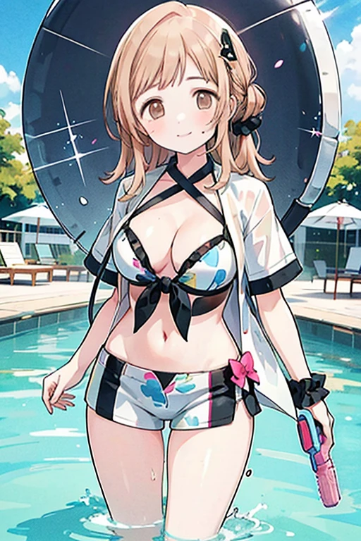 (realistic:1.3), rembrandt lighting, (masterpiece:1.2), (best quality), (detailed skin:1.3), (intricate details), ray tracing,1girl, green Swimwear, Bikini Top(Flounced), Bikini bottom(Skirted), sitting at poolside, brown hair, wet hair, sunglasses, hair flower, wet skin, Put on a rash guard