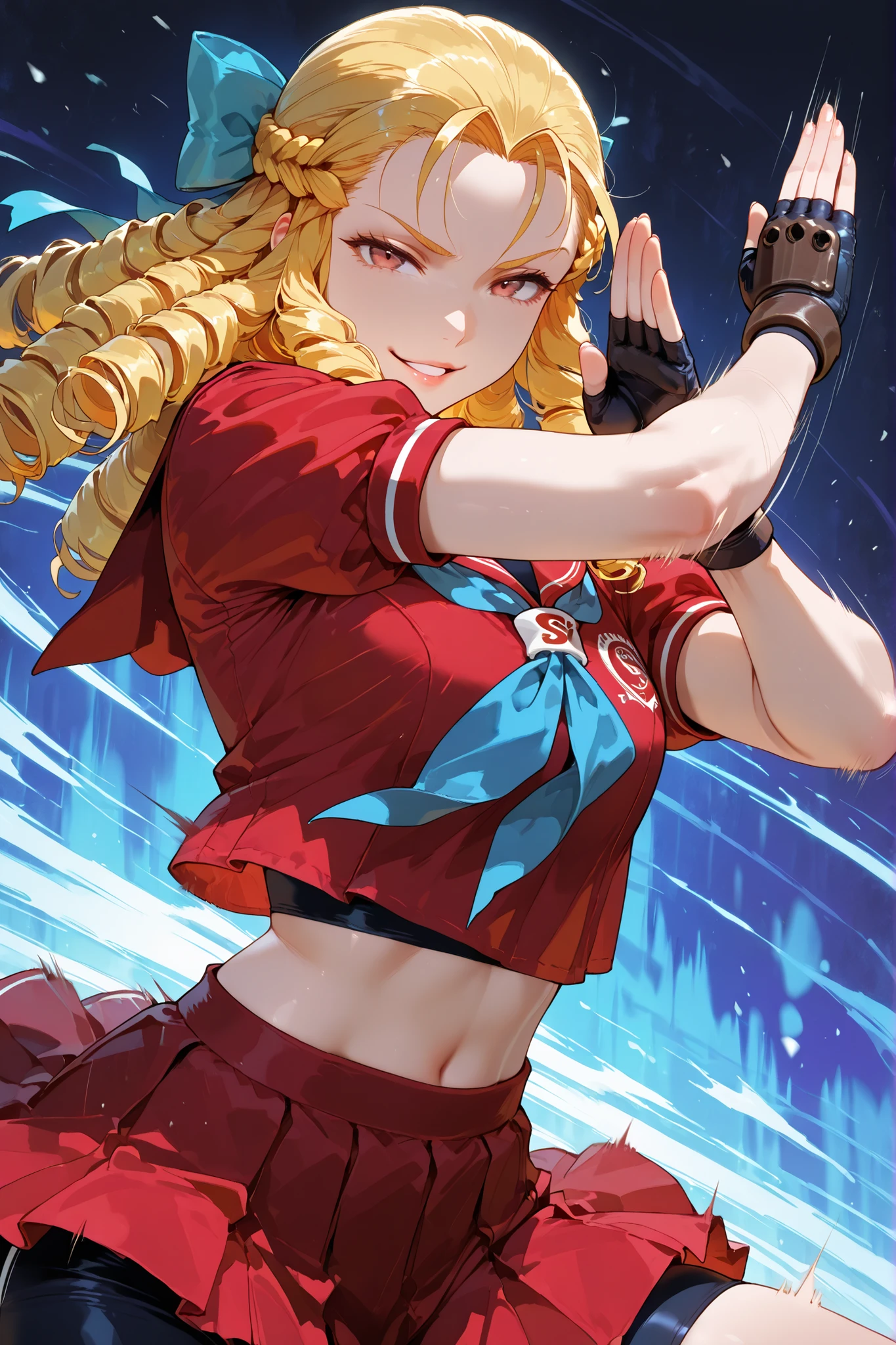 1girl, Karin Kanzuki, blonde hair, drill hair, hair bow, red sailor collar, short sleeves, red shirt, puffy short sleeves, blue neckkerchief, midriff, red skirt, shorts under skirt, fingerless gloves, good , standing, abstract background, looking at the viewer, detailed hands, fighting pose, judo pose, arm movement, dynamic pose, cinematic angle, action scene, motion lines, motion blur, motion effect, parted lips, smirk, close up, , top quality, supreme masterpiece, ultra detailed, very aesthetic